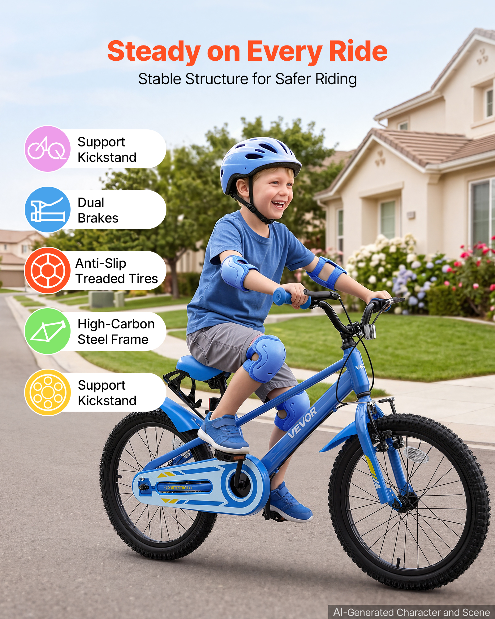 VEVOR Kids Bike, 18 in Children Bicycle, with Kickstand BMX Style Blue, for Boys Girls Ages 5-8, Adjustable Seat & Handlebar, Front Brake and Rear Drum Brake, Cup Holder, High-Carbon Steel Frame - Image 3