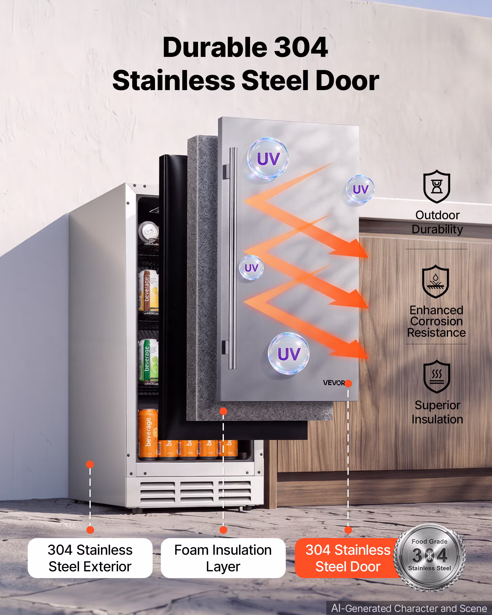 VEVOR Outdoor Beverage Refrigerator, 15 Inch Undercounter Drink Fridge, 304 Stainless Steel Body, 3.0 Cu. Ft, Hold 94 Cans, Powerful Cooling System, Built-in / Freestand Cooler, Home Bar & Patio - Image 5