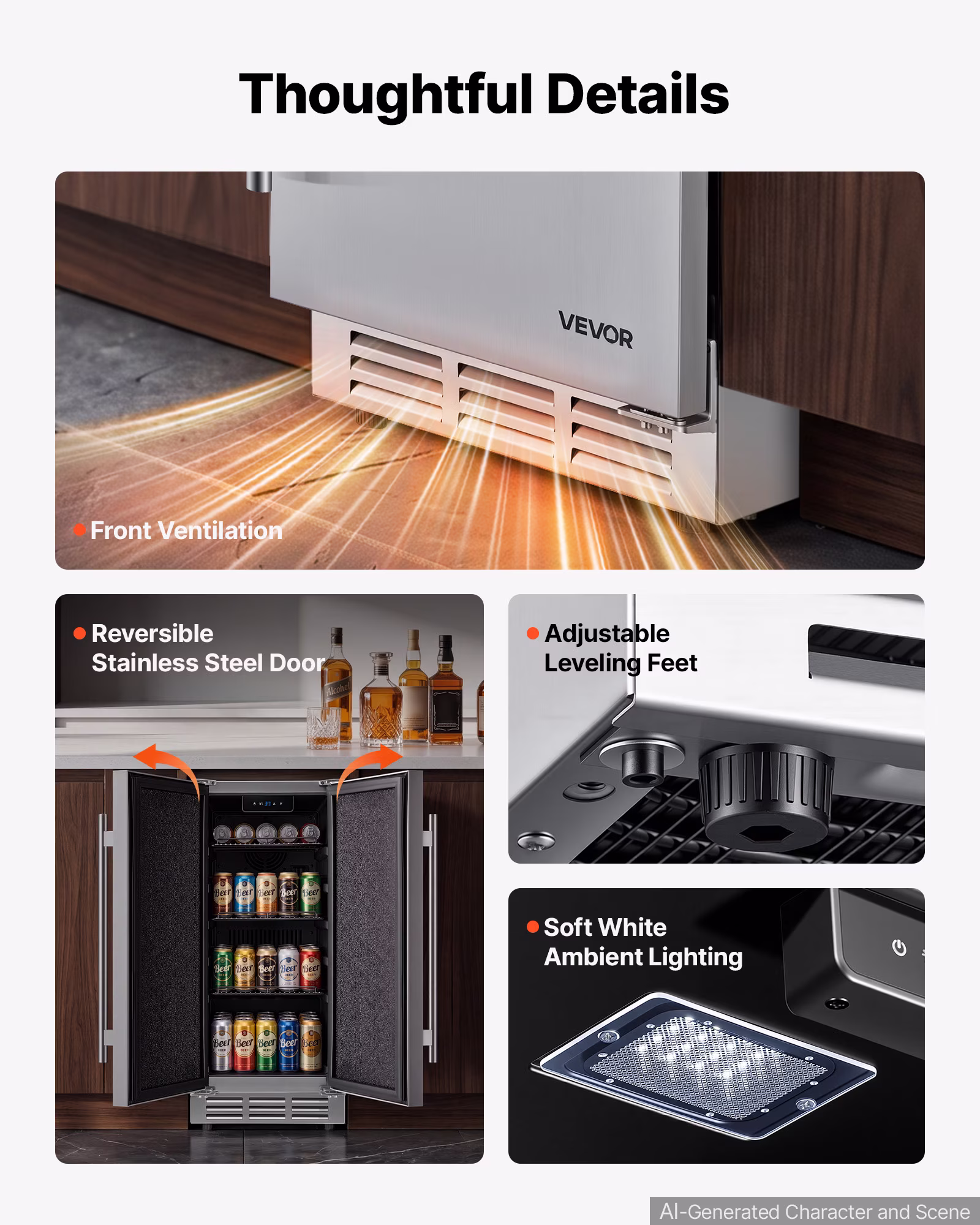 VEVOR Outdoor Beverage Refrigerator, 15 Inch Undercounter Drink Fridge, 304 Stainless Steel Body, 3.0 Cu. Ft, Hold 94 Cans, Powerful Cooling System, Built-in / Freestand Cooler, Home Bar & Patio - Image 3