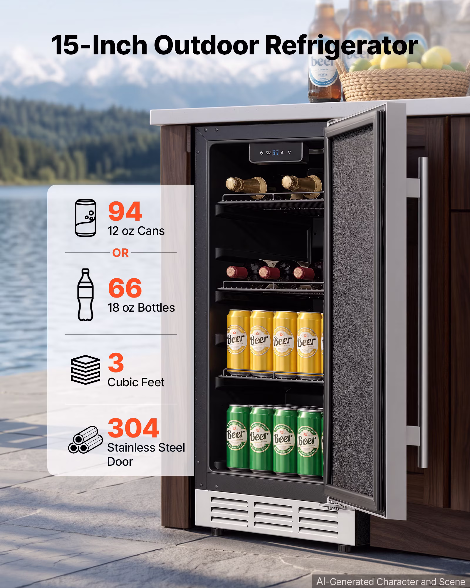 VEVOR Outdoor Beverage Refrigerator, 15 Inch Undercounter Drink Fridge, 304 Stainless Steel Door, 3.0 Cu. Ft, Hold 94 Cans, Powerful Cooling System, Built-in / Freestand Cooler, Home Bar & Patio - Image 3