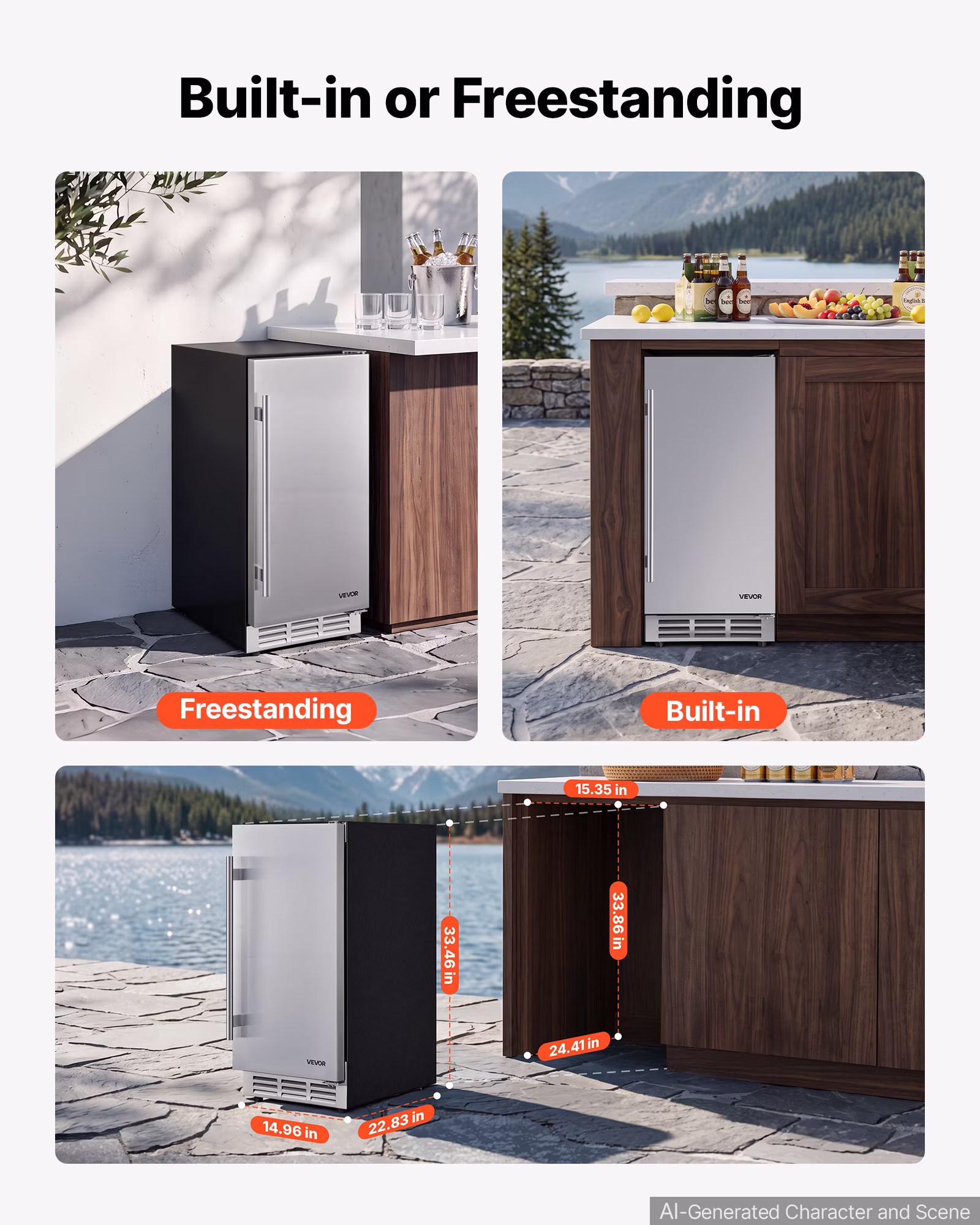 VEVOR Outdoor Beverage Refrigerator, 15 Inch Undercounter Drink Fridge, 304 Stainless Steel Door, 3.0 Cu. Ft, Hold 94 Cans, Powerful Cooling System, Built-in / Freestand Cooler, Home Bar & Patio - Image 5