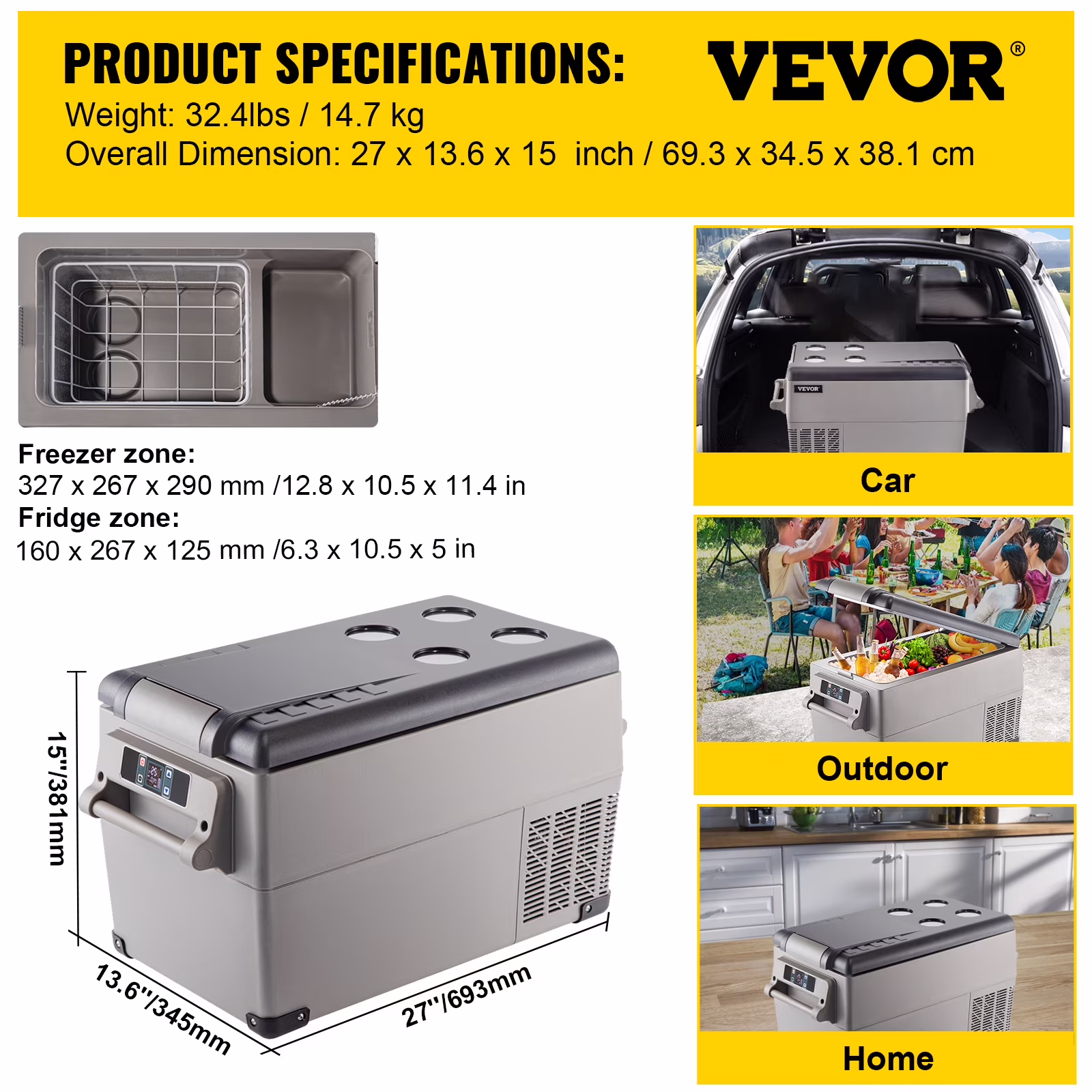 VEVOR Portable Refrigerator 37 Quart(35 Liter),12 Volt Refrigerator App Control(-4℉~68℉), Car Refrigerator Dual Zone with 12/24v DC & 110-240v AC - Image 2