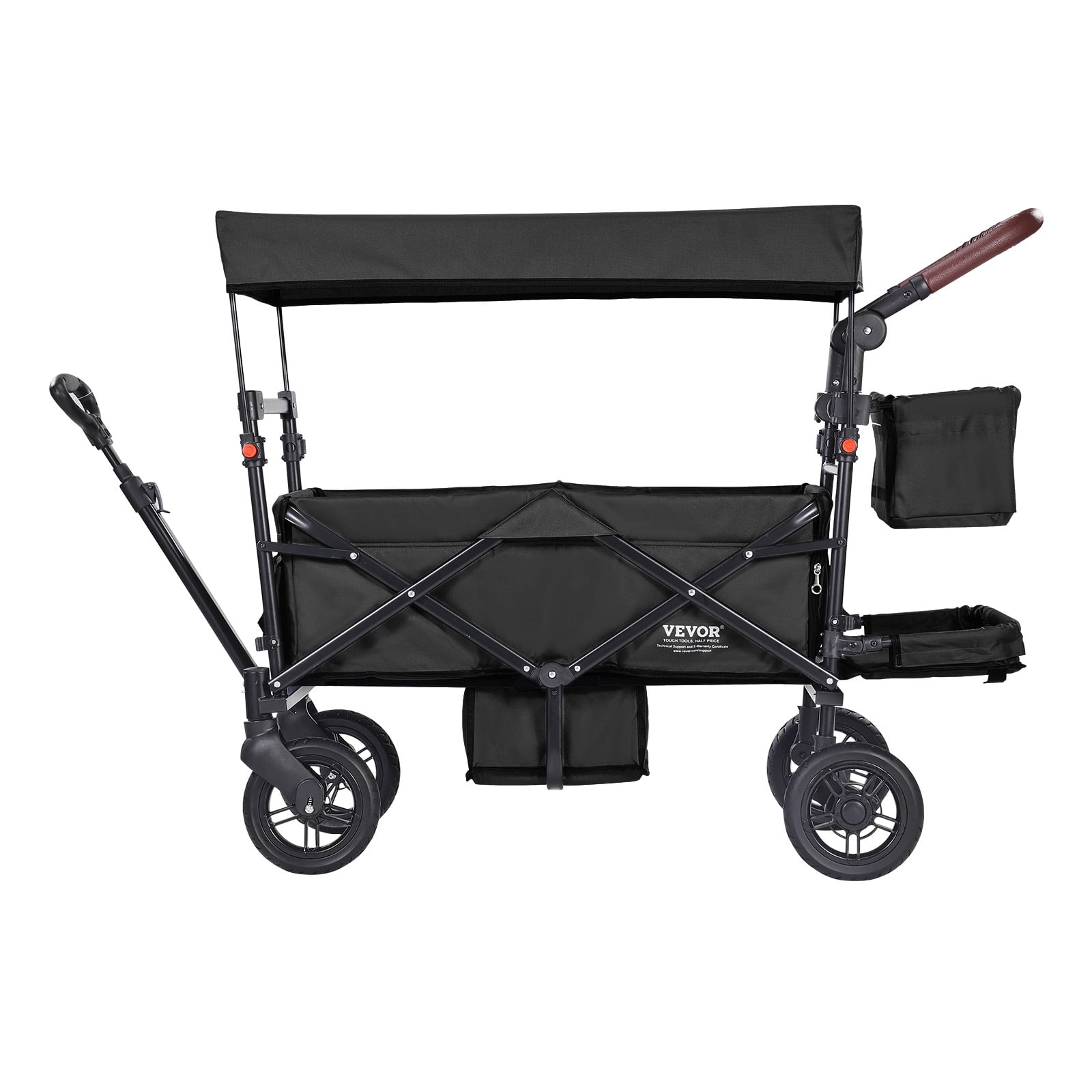 VEVOR Wagon Stroller for 2 Kids, Push Pull Quad Collapsible Stroller with Adjustable Handle, Encircling Harness Removable Canopy, 4 Wheels with Brakes, Mutifunction Tandem Stroller for Camping Black - Image 4