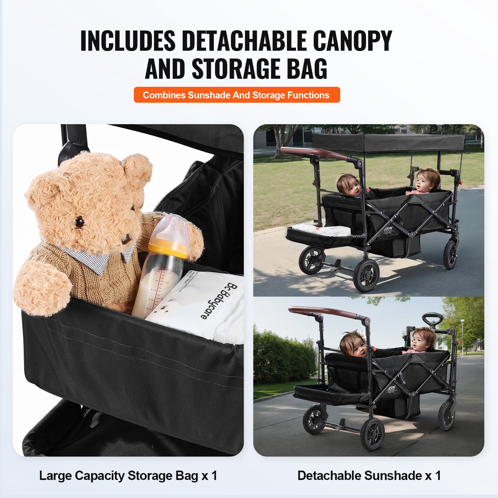 VEVOR Wagon Stroller for 2 Kids, Push Pull Quad Collapsible Stroller with Adjustable Handle, Encircling Harness Removable Canopy, 4 Wheels with Brakes, Mutifunction Tandem Stroller for Camping Black - Image 2