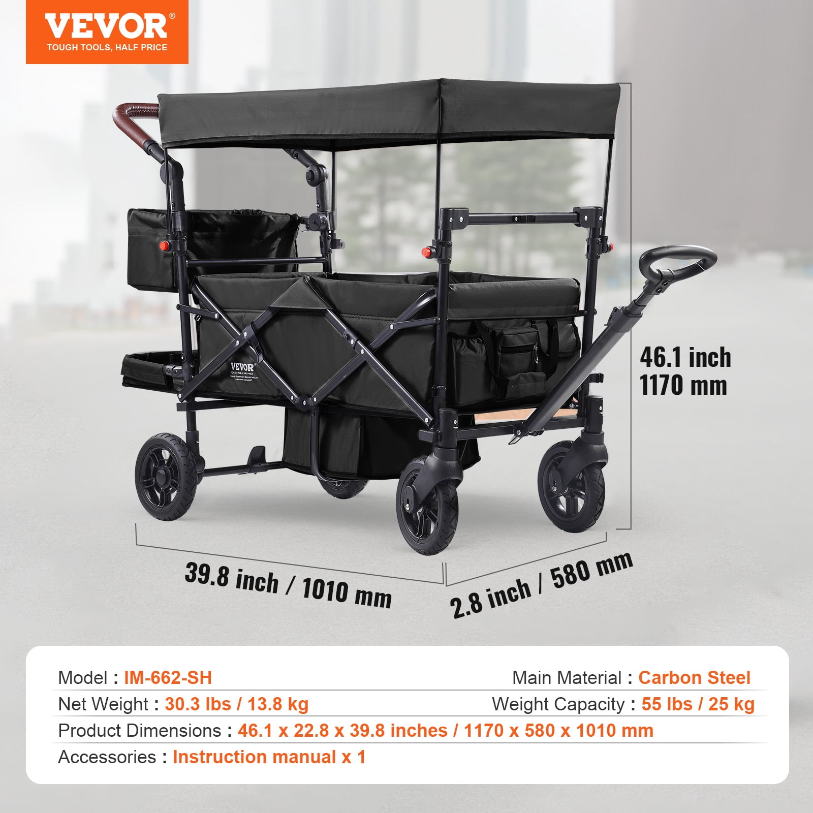 VEVOR Wagon Stroller for 2 Kids, Push Pull Quad Collapsible Stroller with Adjustable Handle, Encircling Harness Removable Canopy, 4 Wheels with Brakes, Mutifunction Tandem Stroller for Camping Black - Image 5