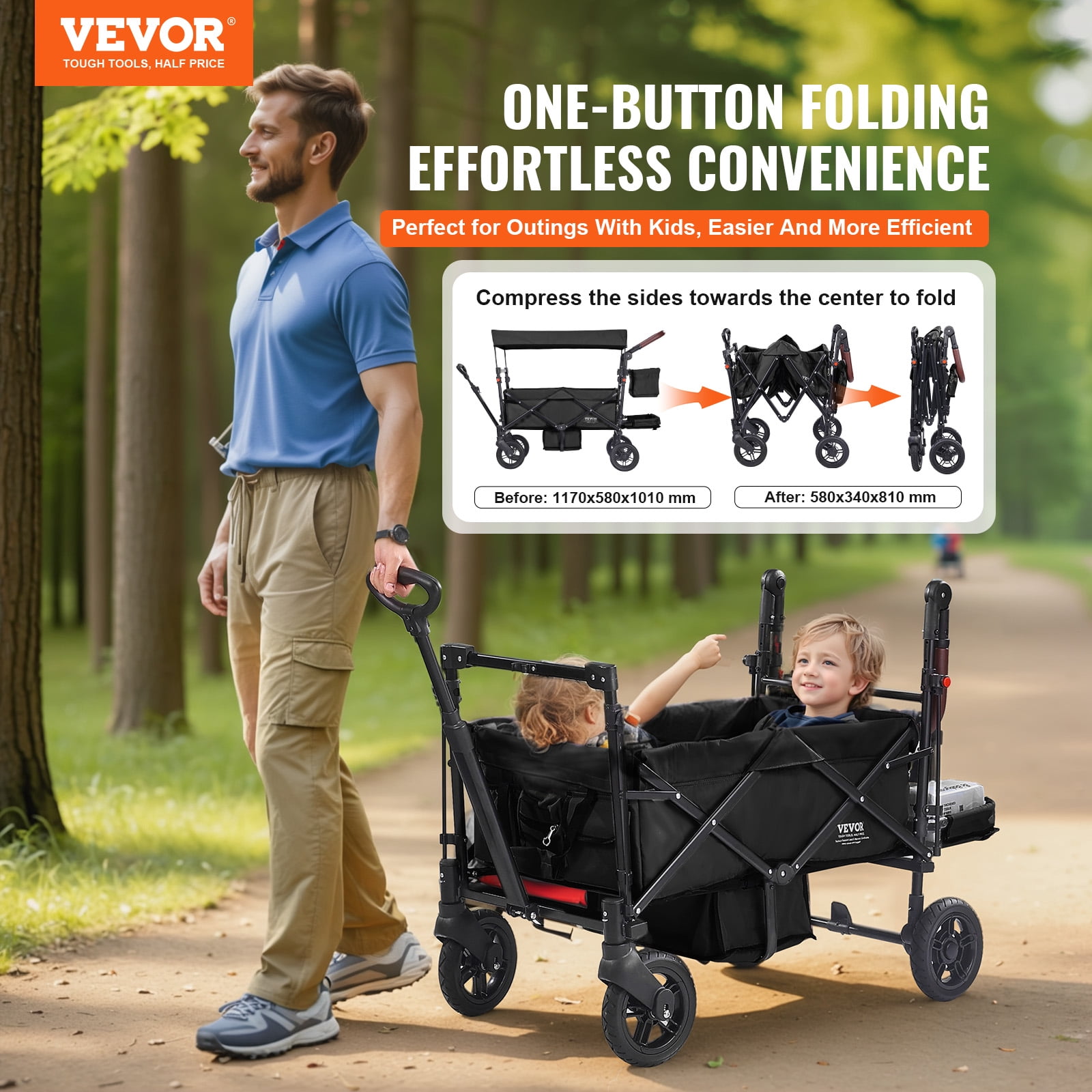 VEVOR Wagon Stroller for 2 Kids, Push Pull Quad Collapsible Stroller with Adjustable Handle, Encircling Harness Removable Canopy, 4 Wheels with Brakes, Mutifunction Tandem Stroller for Camping Black - Image 3