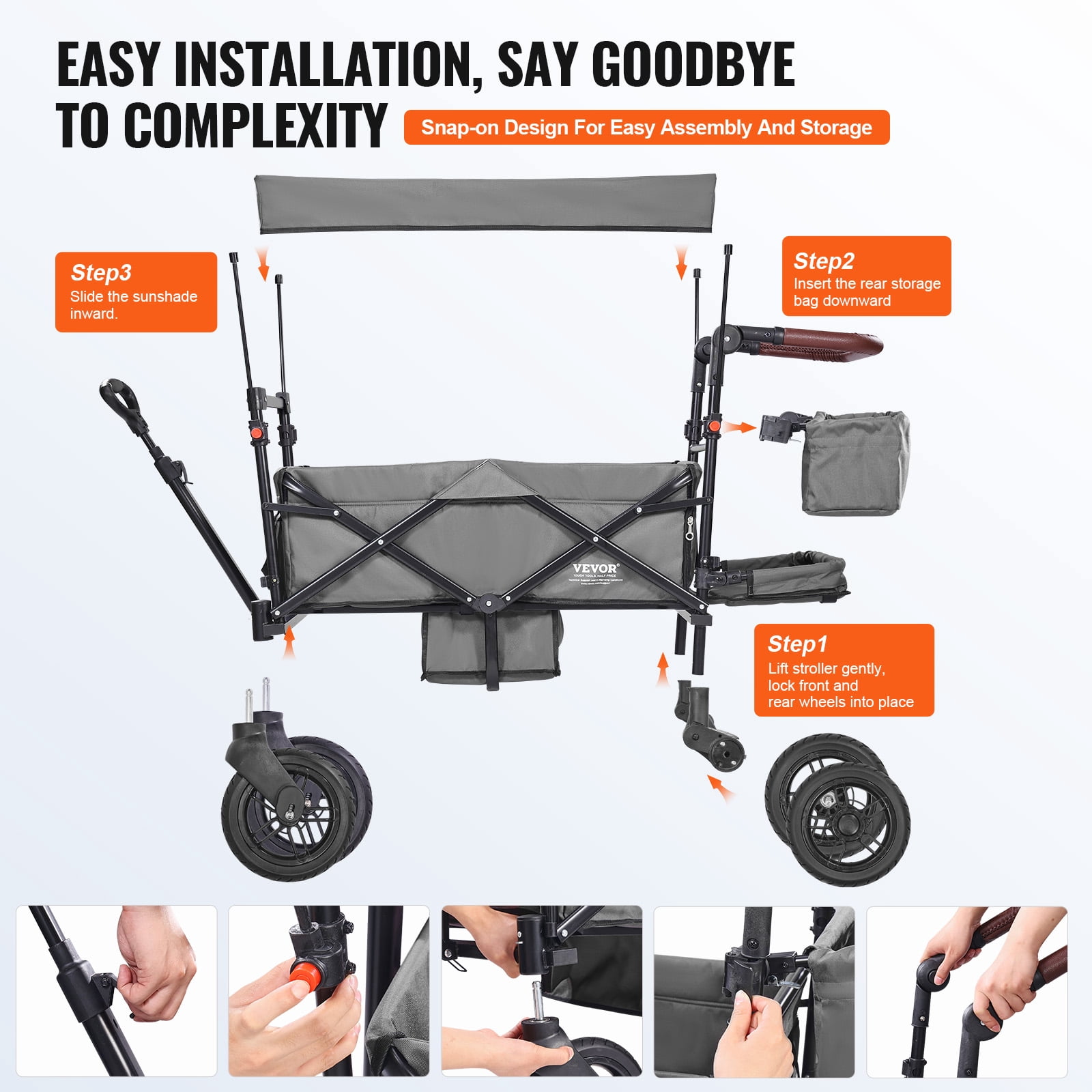 VEVOR Wagon Stroller for 2 Kids,Push Pull Quad Collapsible Stroller with Adjustable Handle, Encircling Harness Removable Canopy, 4 Wheels w/ Brakes, Mutifunction Tandem Stroller for Camping Dark Grey - Image 2