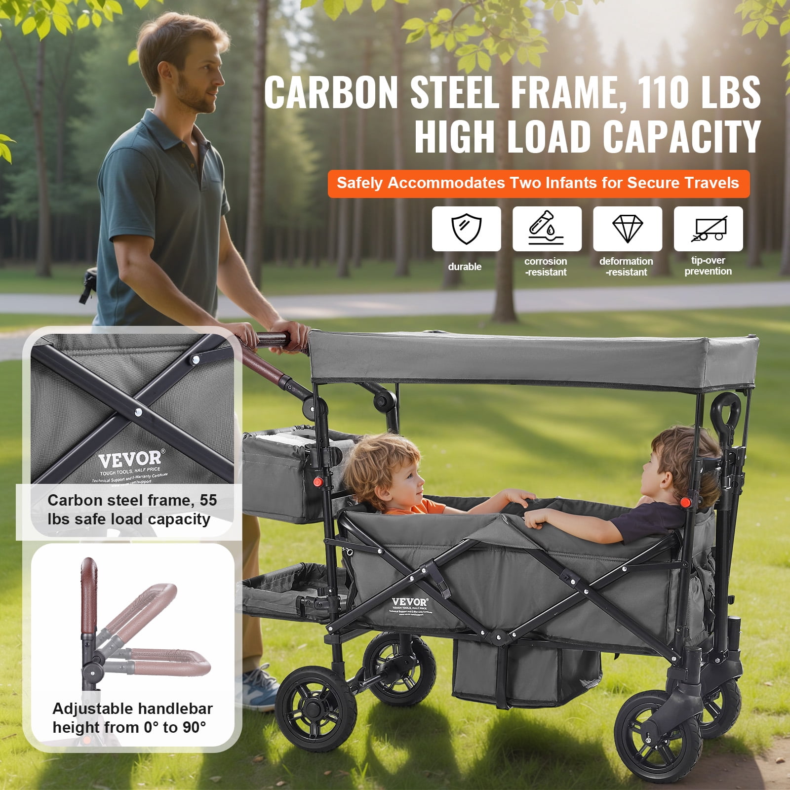 VEVOR Wagon Stroller for 2 Kids,Push Pull Quad Collapsible Stroller with Adjustable Handle, Encircling Harness Removable Canopy, 4 Wheels w/ Brakes, Mutifunction Tandem Stroller for Camping Dark Grey - Image 3