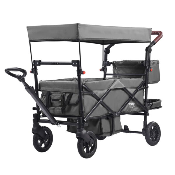 VEVOR Wagon Stroller for 2 Kids,Push Pull Quad Collapsible Stroller with Adjustable Handle, Encircling Harness Removable Canopy, 4 Wheels w/ Brakes, Mutifunction Tandem Stroller for Camping Dark Grey