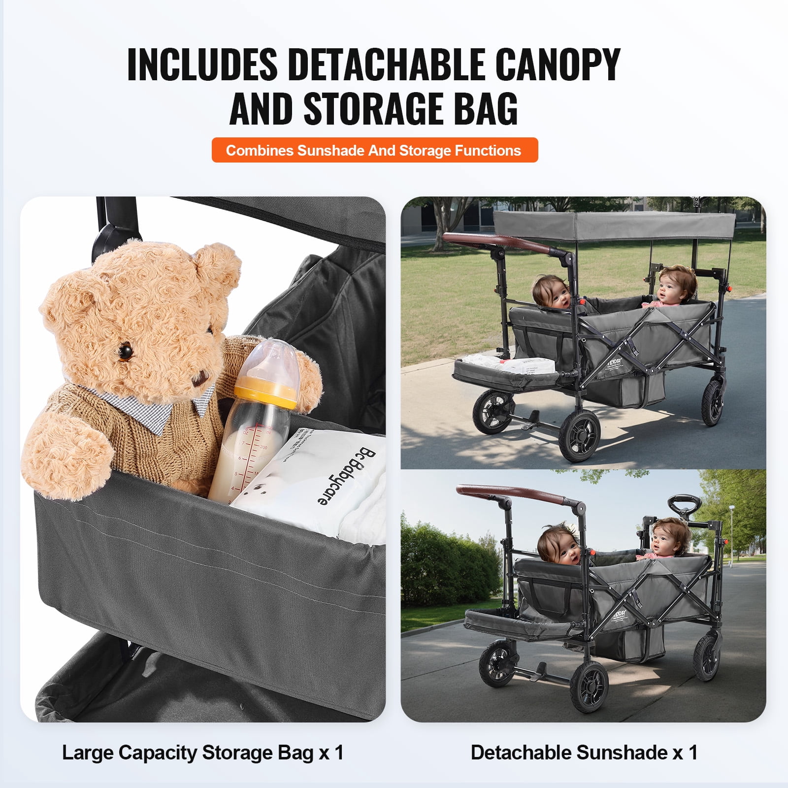 VEVOR Wagon Stroller for 2 Kids,Push Pull Quad Collapsible Stroller with Adjustable Handle, Encircling Harness Removable Canopy, 4 Wheels w/ Brakes, Mutifunction Tandem Stroller for Camping Dark Grey - Image 5