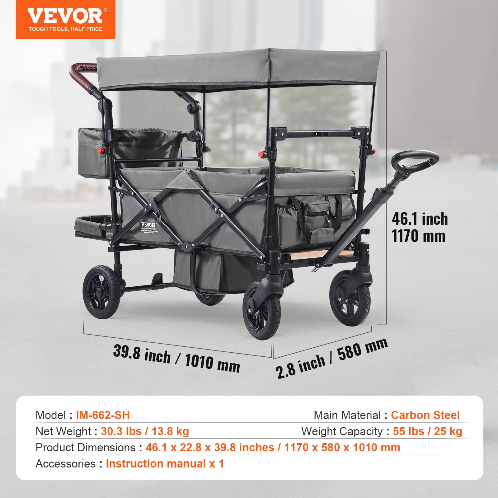 VEVOR Wagon Stroller for 2 Kids,Push Pull Quad Collapsible Stroller with Adjustable Handle, Encircling Harness Removable Canopy, 4 Wheels w/ Brakes, Mutifunction Tandem Stroller for Camping Dark Grey - Image 4