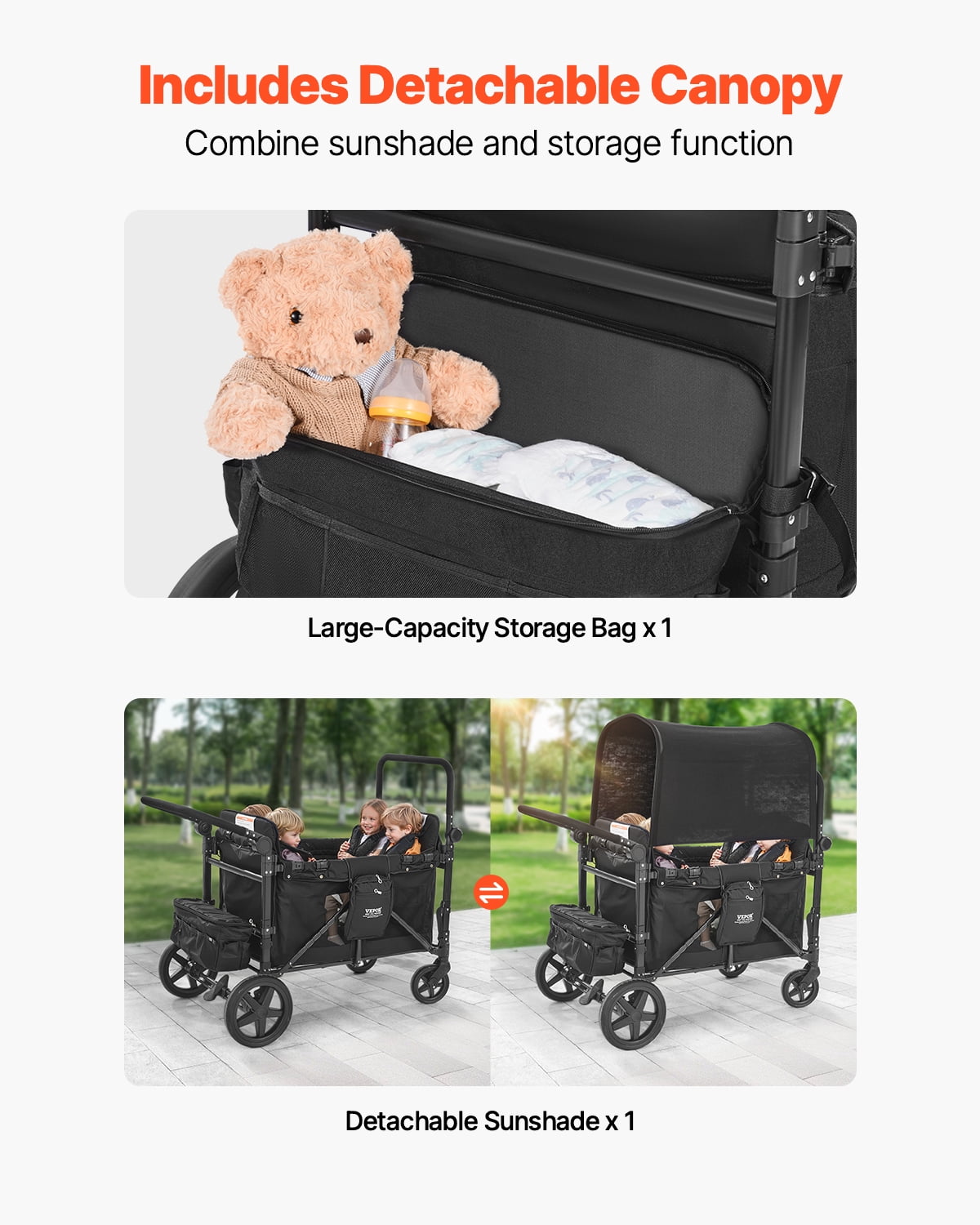 VEVOR Wagon Stroller for 4 Kids, Push Pull Quad Collapsible Stroller with Adjustable Handle, 5-Point Safety Harness & Removable Canopy,4-Seater Stroller Wagon for Camping, Black (330LBS Loading) - Image 2