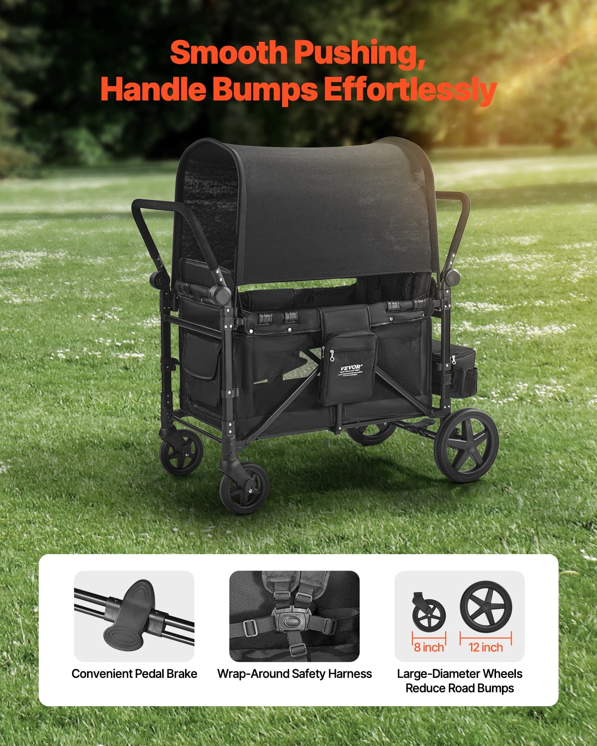 VEVOR Wagon Stroller for 4 Kids, Push Pull Quad Collapsible Stroller with Adjustable Handle, 5-Point Safety Harness & Removable Canopy,4-Seater Stroller Wagon for Camping, Black (330LBS Loading) - Image 4