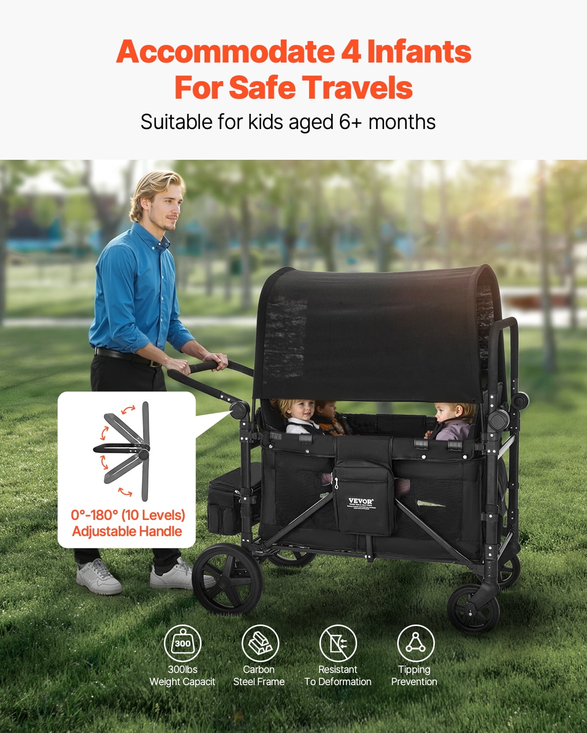 VEVOR Wagon Stroller for 4 Kids, Push Pull Quad Collapsible Stroller with Adjustable Handle, 5-Point Safety Harness & Removable Canopy,4-Seater Stroller Wagon for Camping, Black (330LBS Loading) - Image 3