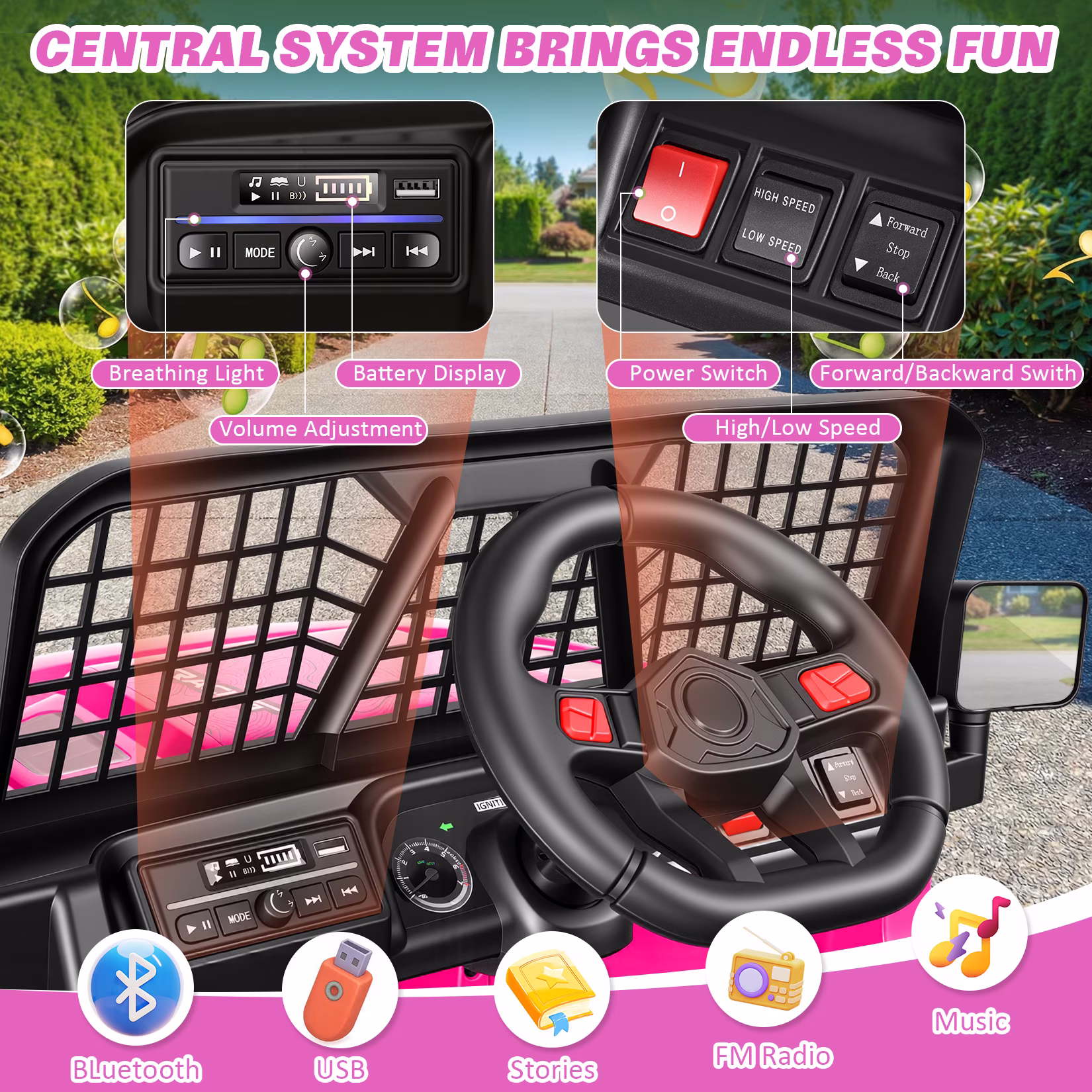 VIBESPARK 12V Ride on Toys with Remote Control, Single Seater Ride on Cars, Electric Car w/ Bluetooth, Music, Stories, Battery Indicator, Volume Adjustment, Breathing Light, Pink - Image 2