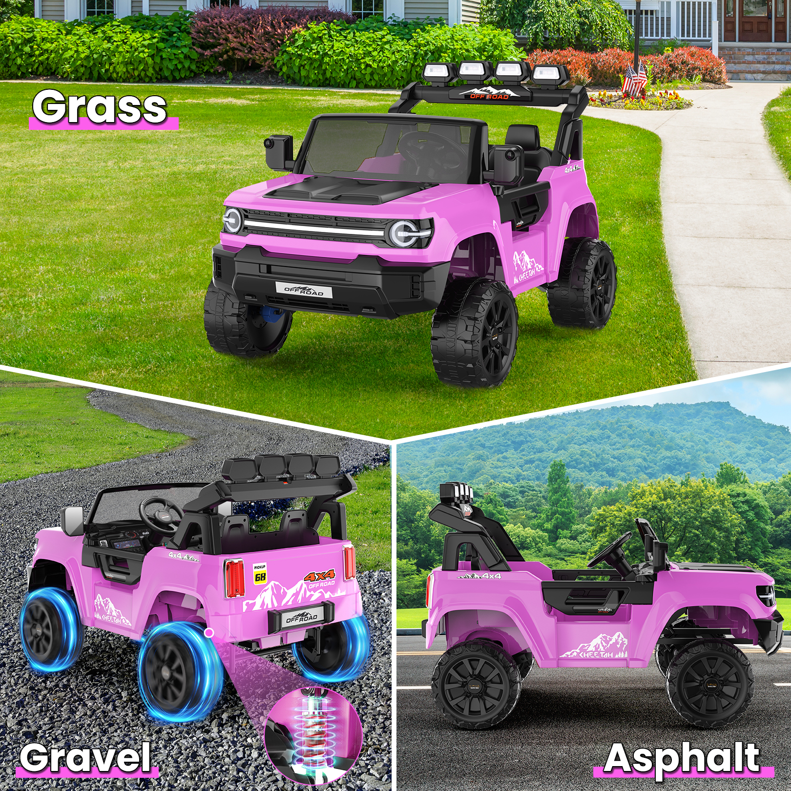 VIBESPARK 24 Volt Ride on Toys, 2-Seater Ride on Cars with Remote Control, 2WD/4WD Switchable Electric Car for Kids w/ Bluetooth, 800W Power Car Wheels, Music, MP3, Suspension, Pink - Image 3