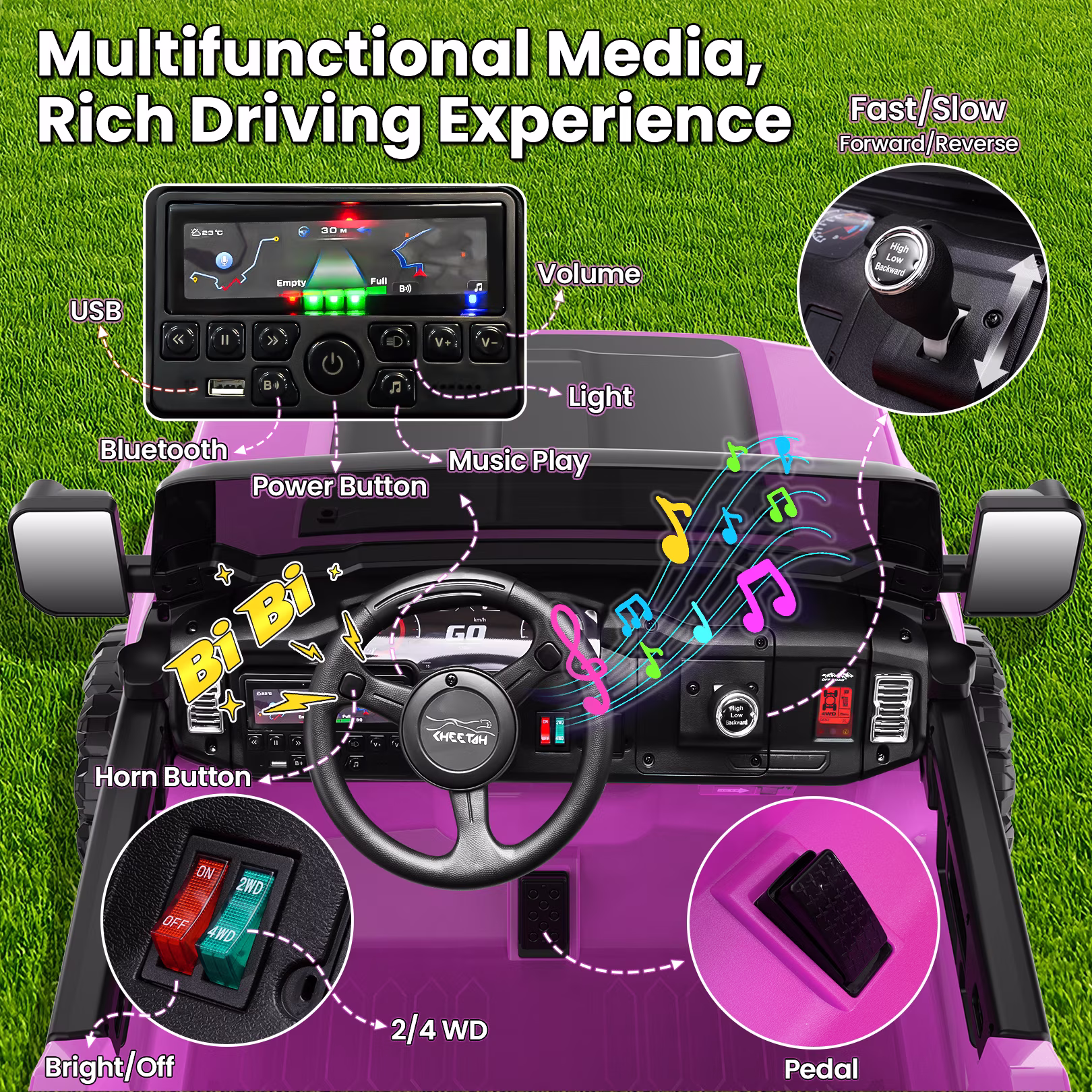 VIBESPARK 24 Volt Ride on Toys, 2-Seater Ride on Cars with Remote Control, 2WD/4WD Switchable Electric Car for Kids w/ Bluetooth, 800W Power Car Wheels, Music, MP3, Suspension, Pink - Image 2