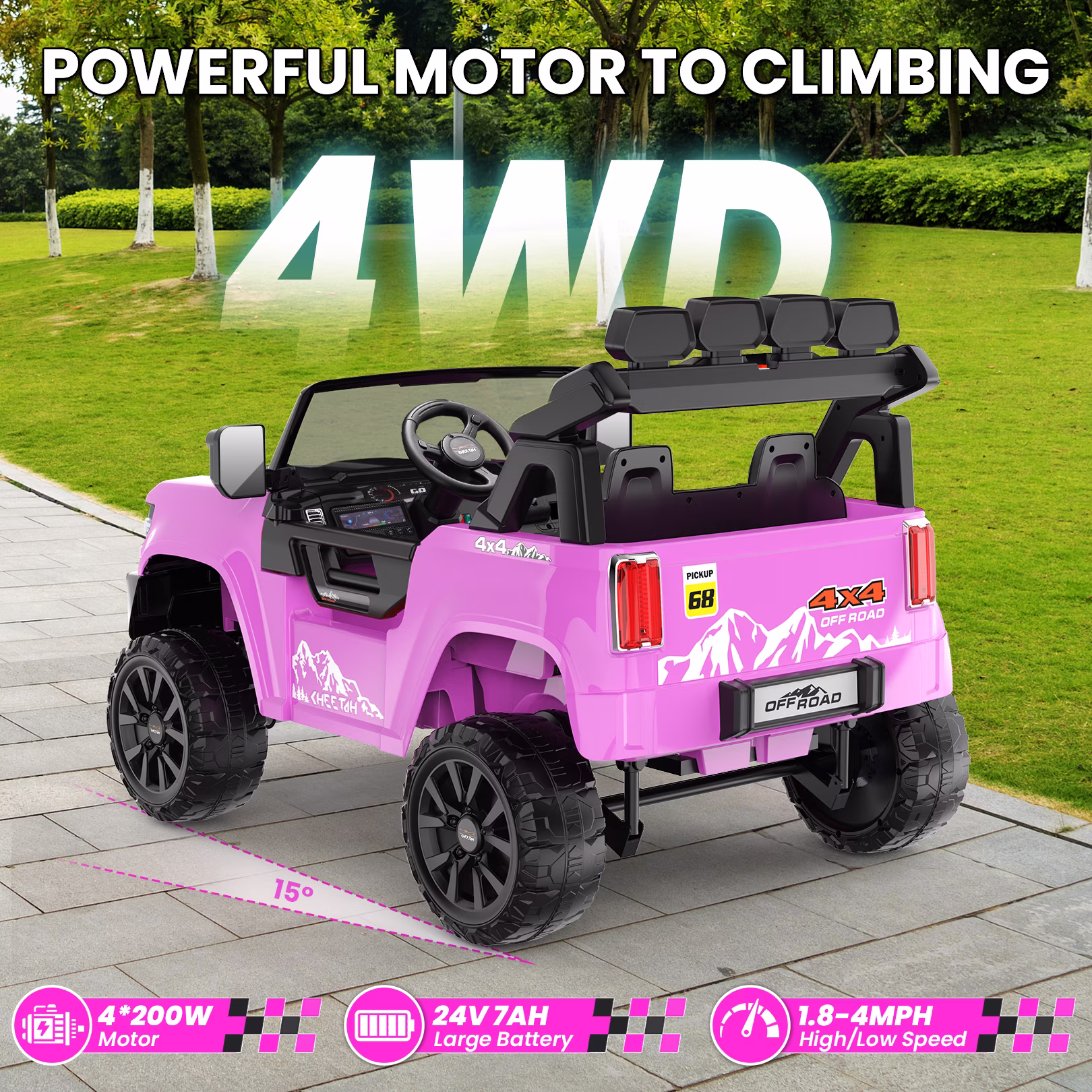 VIBESPARK 24 Volt Ride on Toys, 2-Seater Ride on Cars with Remote Control, 2WD/4WD Switchable Electric Car for Kids w/ Bluetooth, 800W Power Car Wheels, Music, MP3, Suspension, Pink - Image 4