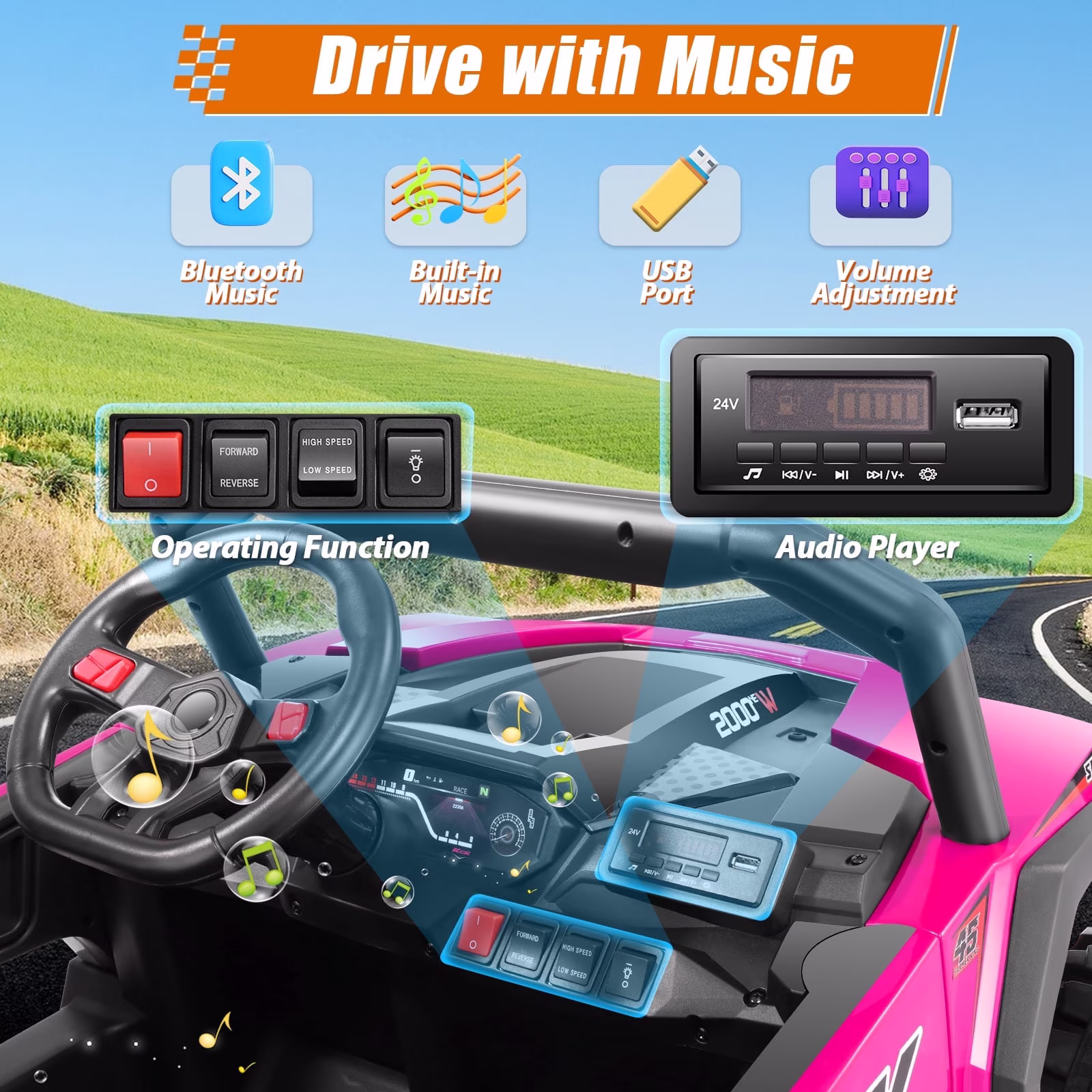 VIBESPARK 24 Volt Ride on Toys, 400W Electric Car for Kids, 2-Seater Ride on Cars w/ Battery Display, Spring Suspension, Bluetooth, LED Lights, Storage Box, Light Switch, Pink - Image 5