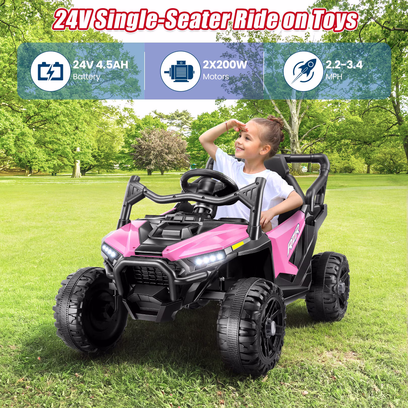 VIBESPARK 24V Kids Ride On Car with Remote Control, Dual 200W Motor UTV Electric Vehicle, Bluetooth Music & LED Lights, Outdoor Off-Road Toy for Toddlers Ages 3-6, Pink - Image 5