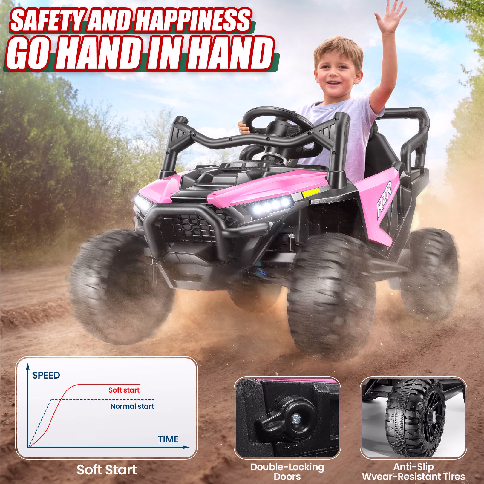 VIBESPARK 24V Kids Ride On Car with Remote Control, Dual 200W Motor UTV Electric Vehicle, Bluetooth Music & LED Lights, Outdoor Off-Road Toy for Toddlers Ages 3-6, Pink - Image 3