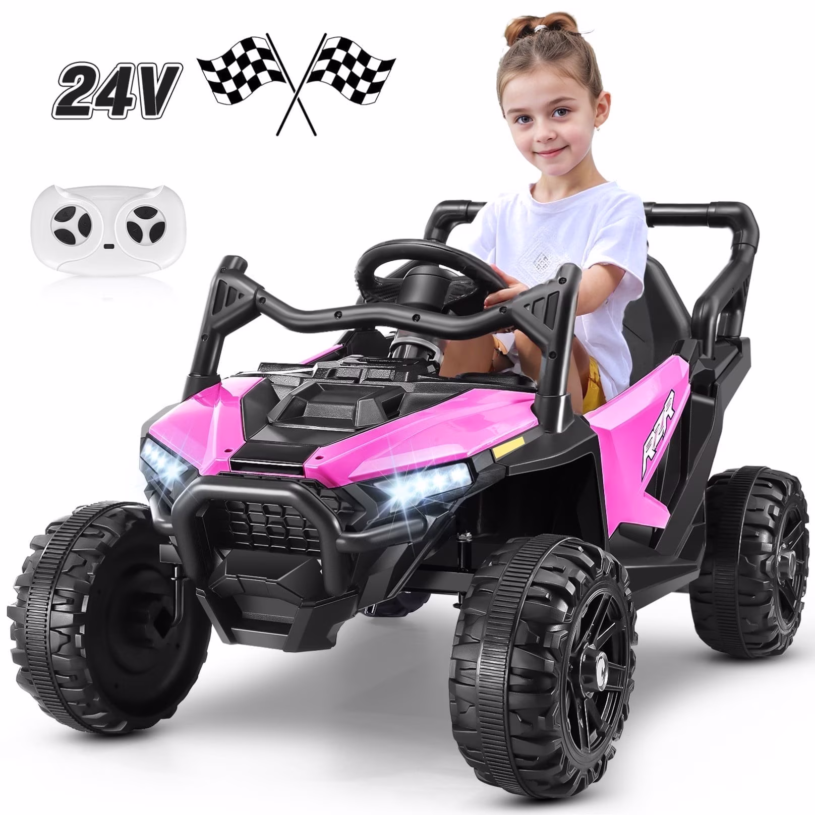 VIBESPARK 24V Kids Ride On Car with Remote Control, Dual 200W Motor UTV Electric Vehicle, Bluetooth Music & LED Lights, Outdoor Off-Road Toy for Toddlers Ages 3-6, Pink