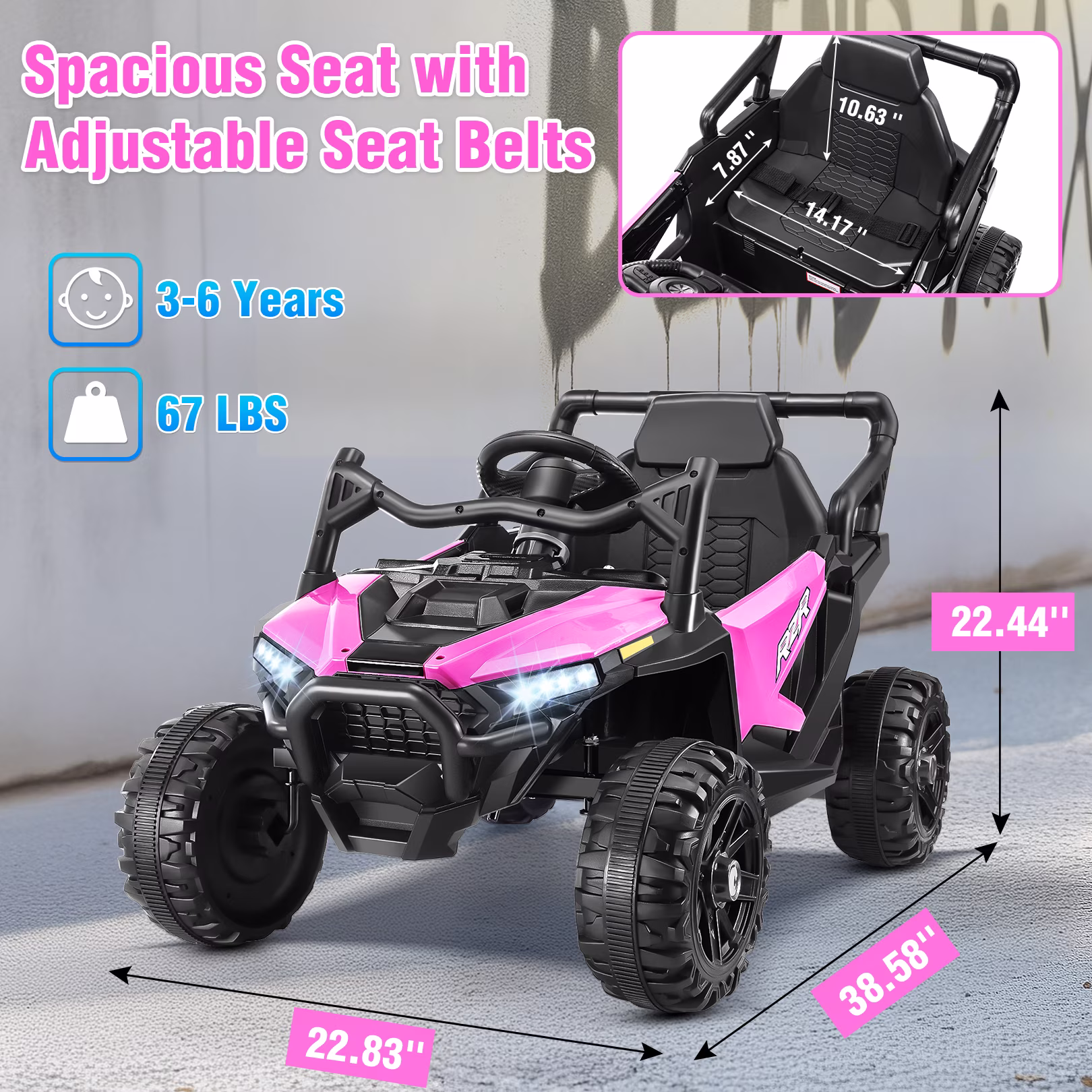 VIBESPARK 24V Kids Ride On Car with Remote Control, Dual 200W Motor UTV Electric Vehicle, Bluetooth Music & LED Lights, Outdoor Off-Road Toy for Toddlers Ages 3-6, Pink - Image 4