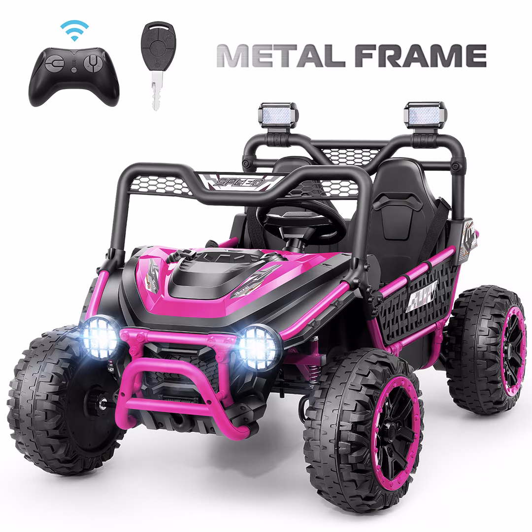 VIBESPARK 24V Ride on Toys for Big Kids Ages 3-8, XXL Key Start Metal Frame UTV with Power Display, 7AH Ride on Cars w/ 150W Motors, Bluetooth, Volume Knob, Safety Belt, Max 5mph, Pink