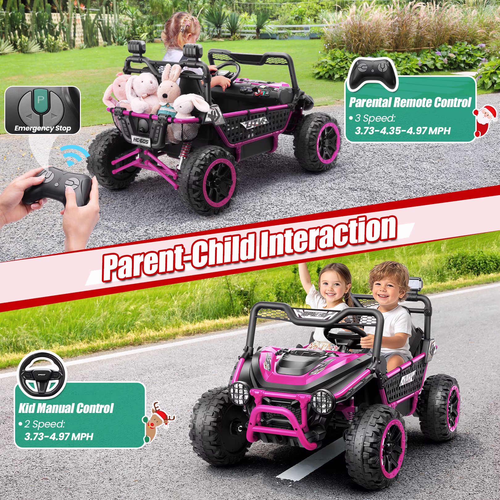 VIBESPARK 24V Ride on Toys for Big Kids Ages 3-8, XXL Key Start Metal Frame UTV with Power Display, 7AH Ride on Cars w/ 150W Motors, Bluetooth, Volume Knob, Safety Belt, Max 5mph, Pink - Image 3