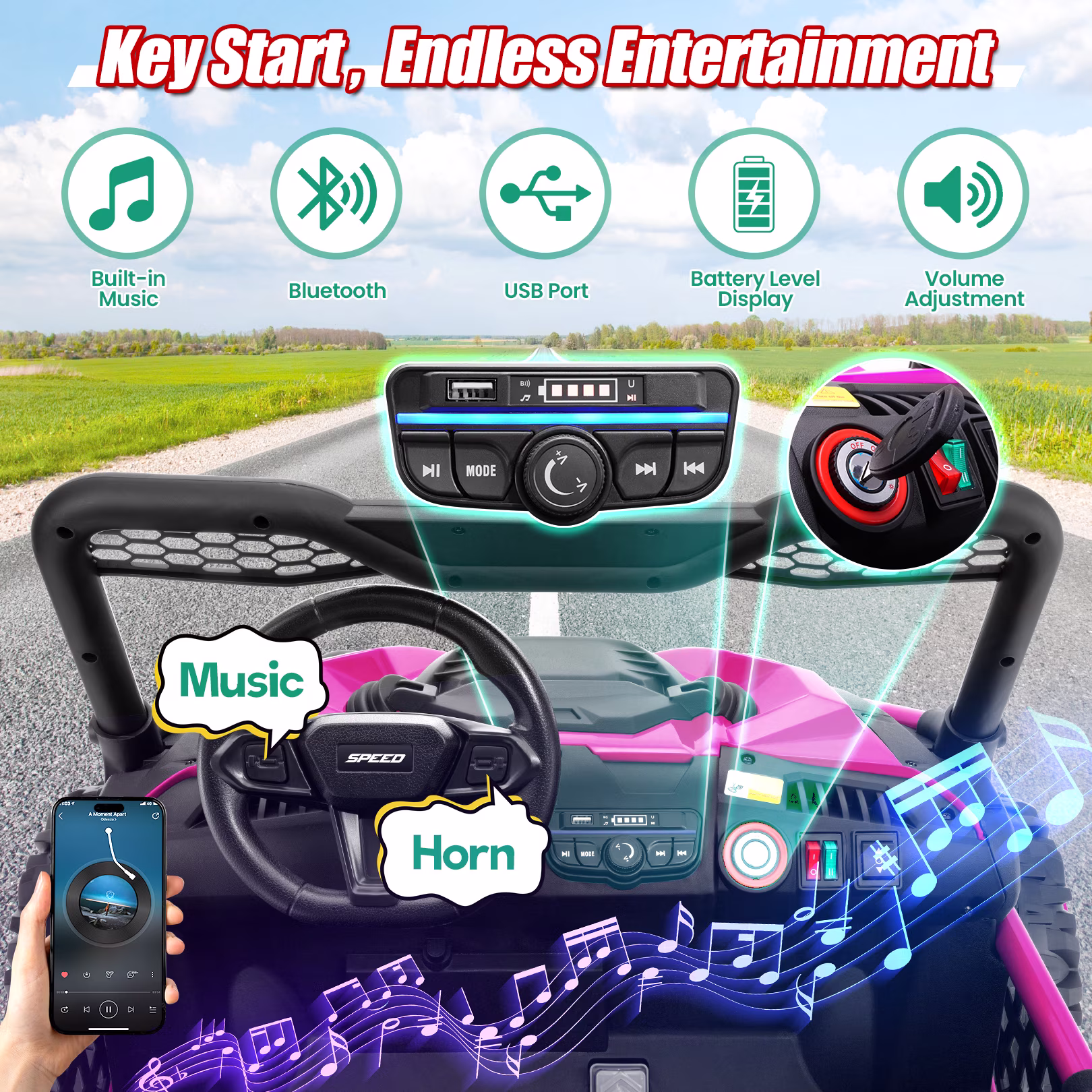 VIBESPARK 24V Ride on Toys for Big Kids Ages 3-8, XXL Key Start Metal Frame UTV with Power Display, 7AH Ride on Cars w/ 150W Motors, Bluetooth, Volume Knob, Safety Belt, Max 5mph, Pink - Image 4