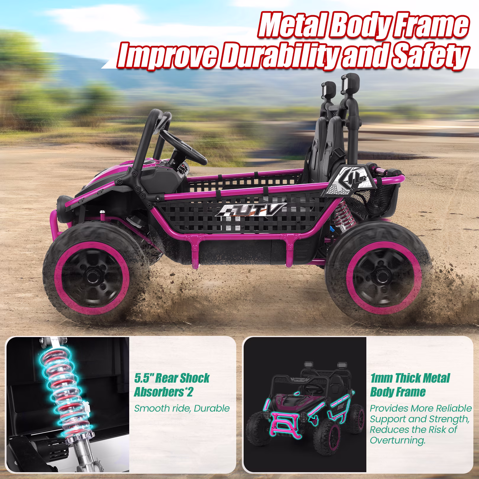 VIBESPARK 24V Ride on Toys for Big Kids Ages 3-8, XXL Key Start Metal Frame UTV with Power Display, 7AH Ride on Cars w/ 150W Motors, Bluetooth, Volume Knob, Safety Belt, Max 5mph, Pink - Image 5