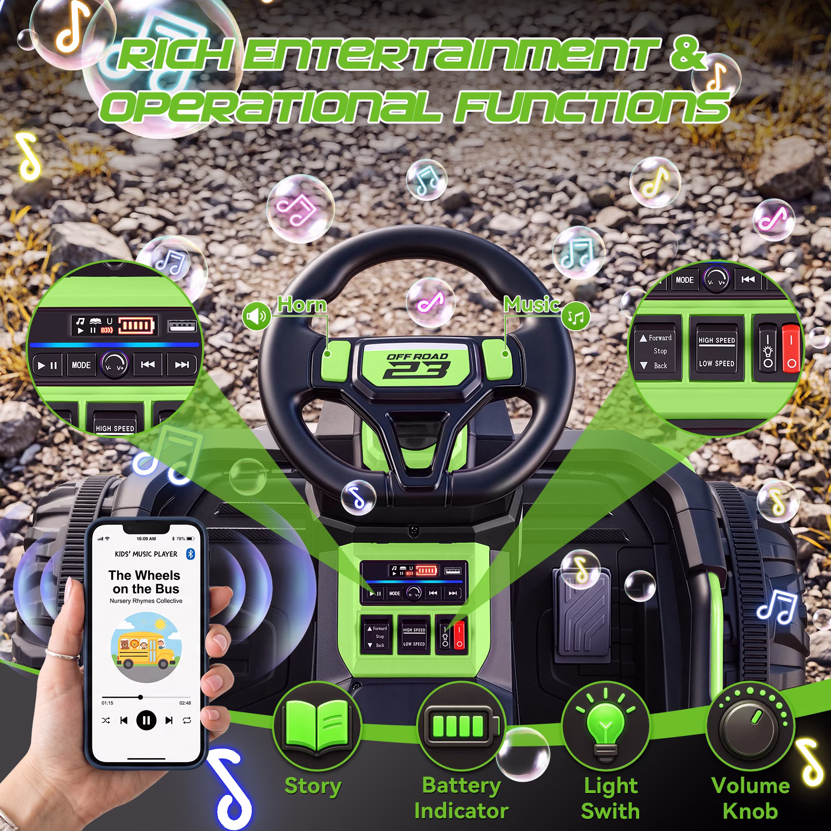 VIBESPARK 36V Ride on Toys for Big Kids Ages 6-12, 600W Ride on Cars up to 5.9 mph, Powerful 4 Wheeler Quad, Ride on ATV W/ Adjustable Seat, Ball-bearing Design, Power Display, Light Control, Green - Image 3