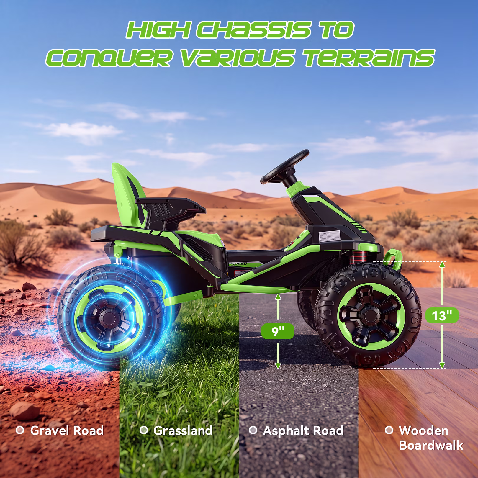 VIBESPARK 36V Ride on Toys for Big Kids Ages 6-12, 600W Ride on Cars up to 5.9 mph, Powerful 4 Wheeler Quad, Ride on ATV W/ Adjustable Seat, Ball-bearing Design, Power Display, Light Control, Green - Image 5