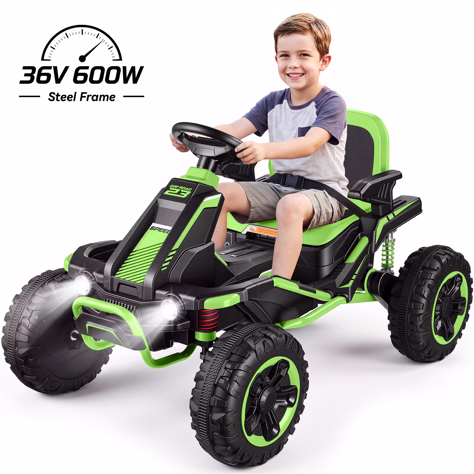 VIBESPARK 36V Ride on Toys for Big Kids Ages 6-12, 600W Ride on Cars up to 5.9 mph, Powerful 4 Wheeler Quad, Ride on ATV W/ Adjustable Seat, Ball-bearing Design, Power Display, Light Control, Green