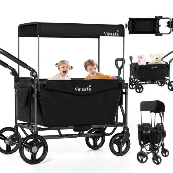 Vipsafe Foldable Wagon Stroller for 2 Kids, 3-in-1 Toddler Wagon with 5-Point Harness, Foot Brake, Detachable Canopy, Pull & Push Handle, Outdoor & Travel, Black