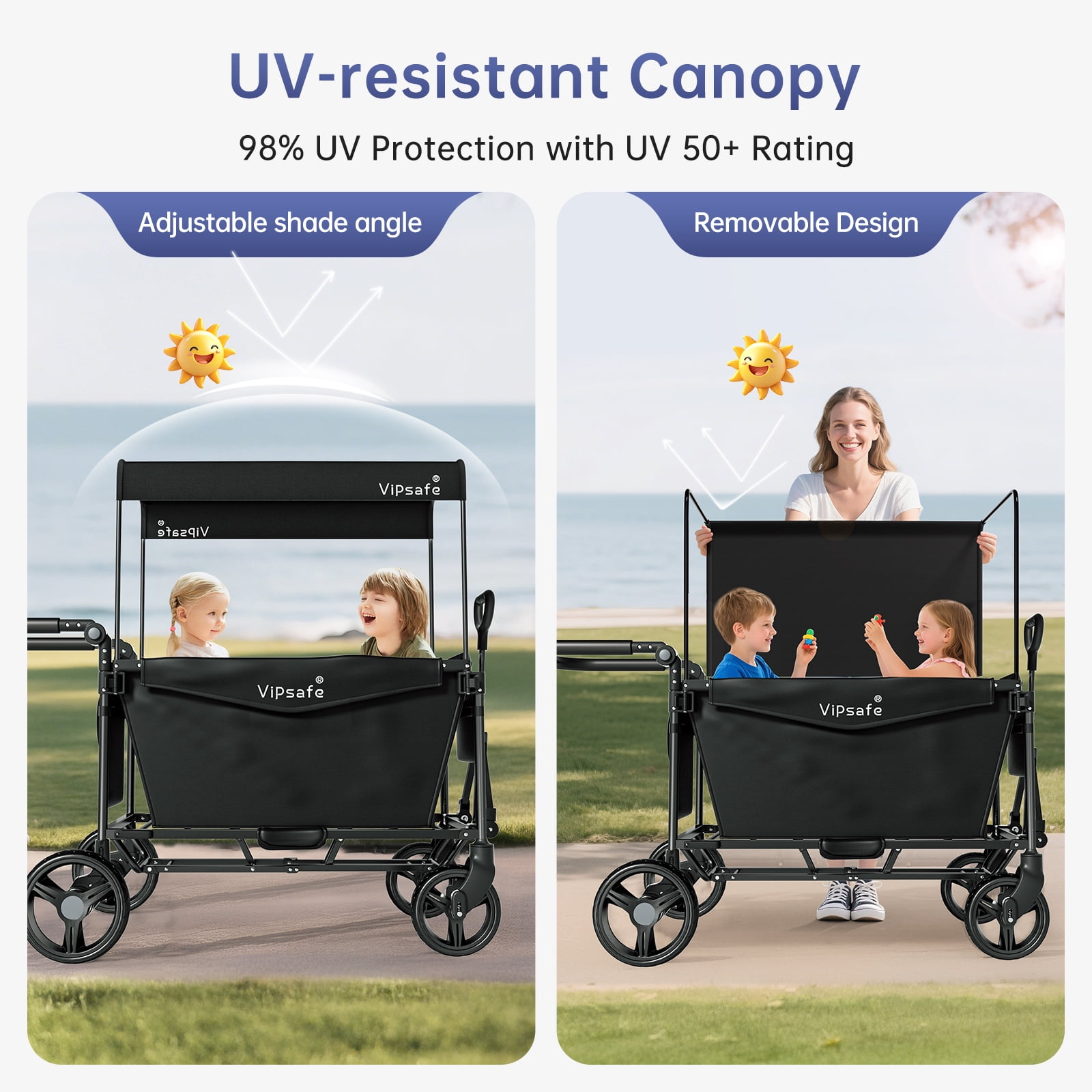 Vipsafe Foldable Wagon Stroller for 2 Kids, 3-in-1 Toddler Wagon with 5-Point Harness, Foot Brake, Detachable Canopy, Pull & Push Handle, Outdoor & Travel, Black - Image 3