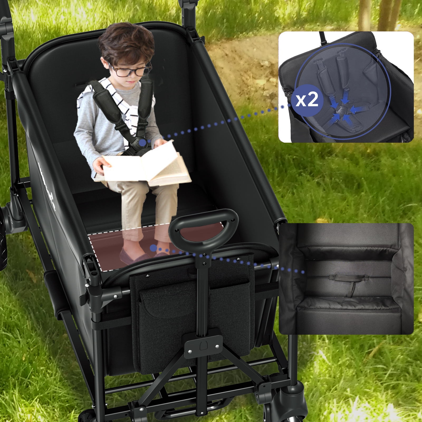 Vipsafe Foldable Wagon Stroller for 2 Kids, 3-in-1 Toddler Wagon with 5-Point Harness, Foot Brake, Detachable Canopy, Pull & Push Handle, Outdoor & Travel, Black - Image 4