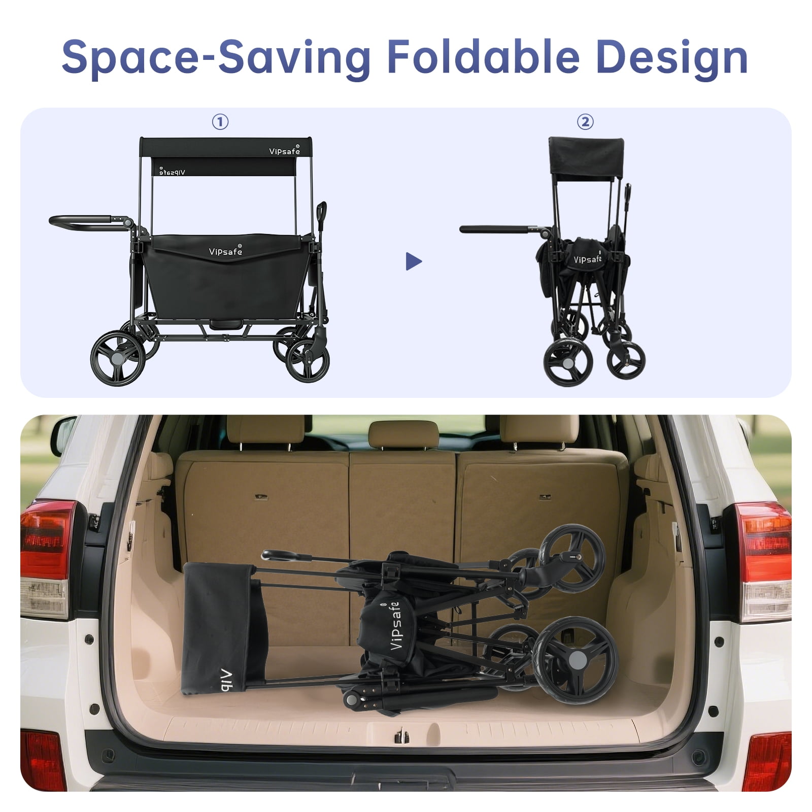 Vipsafe Foldable Wagon Stroller for 2 Kids, 3-in-1 Toddler Wagon with 5-Point Harness, Foot Brake, Detachable Canopy, Pull & Push Handle, Outdoor & Travel, Black - Image 5