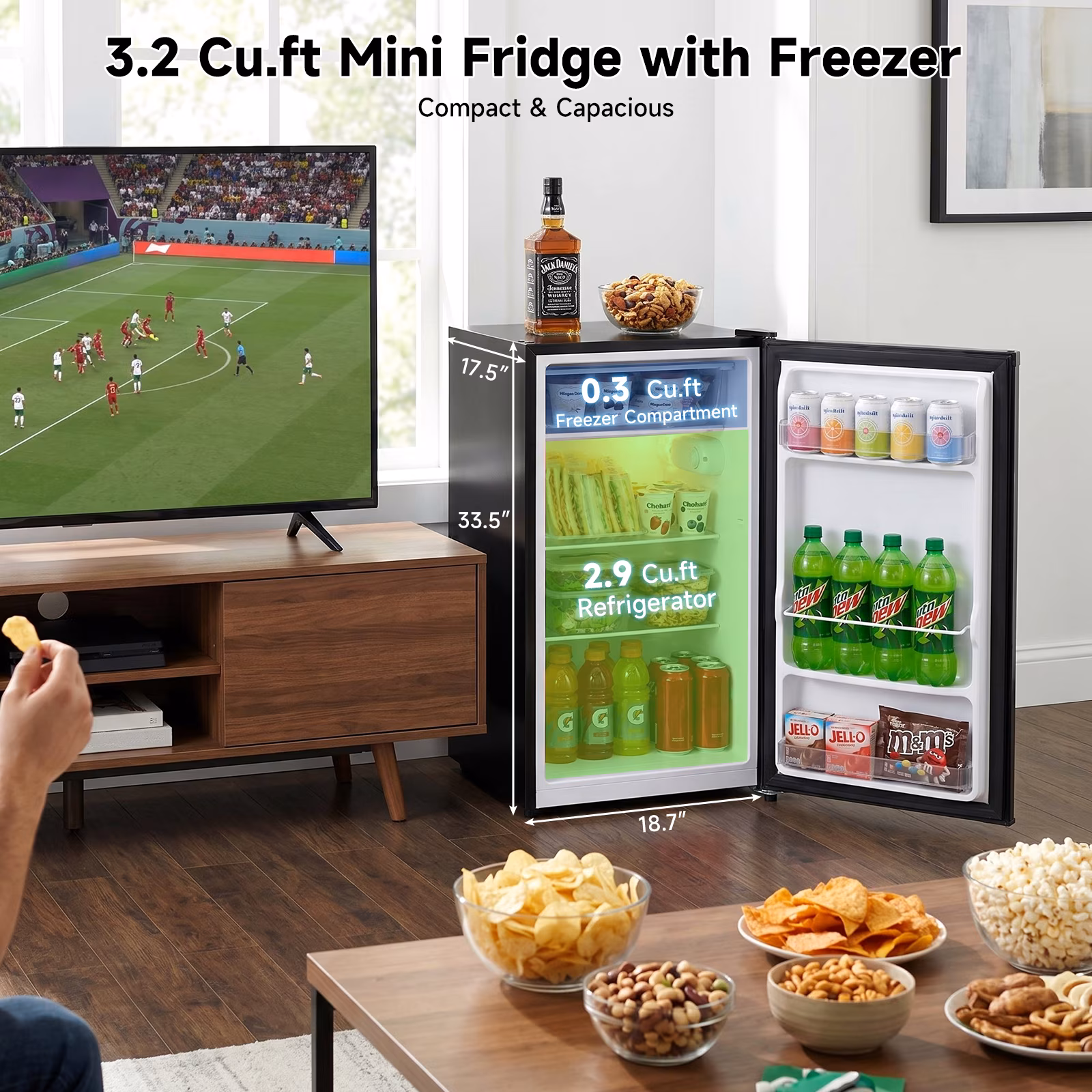 Vitarpatio 3.2 Cu ft Mini Fridge with Freezer, Single Door Compact Refrigerator for Dorm, Bedroom & Office, Adjustable Thermostat, Reversible Door, LED Light, Black - Image 5