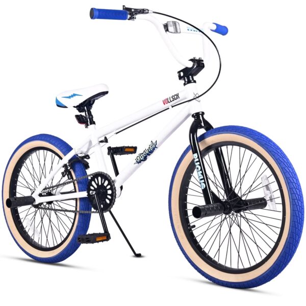 Vollsch Freestyle BMX Bikes 20 Inch Kids Bicycle for 8-15 Years Old Teens, Boys, Girls, Beginner-Lever Riders, White with Blue Tires