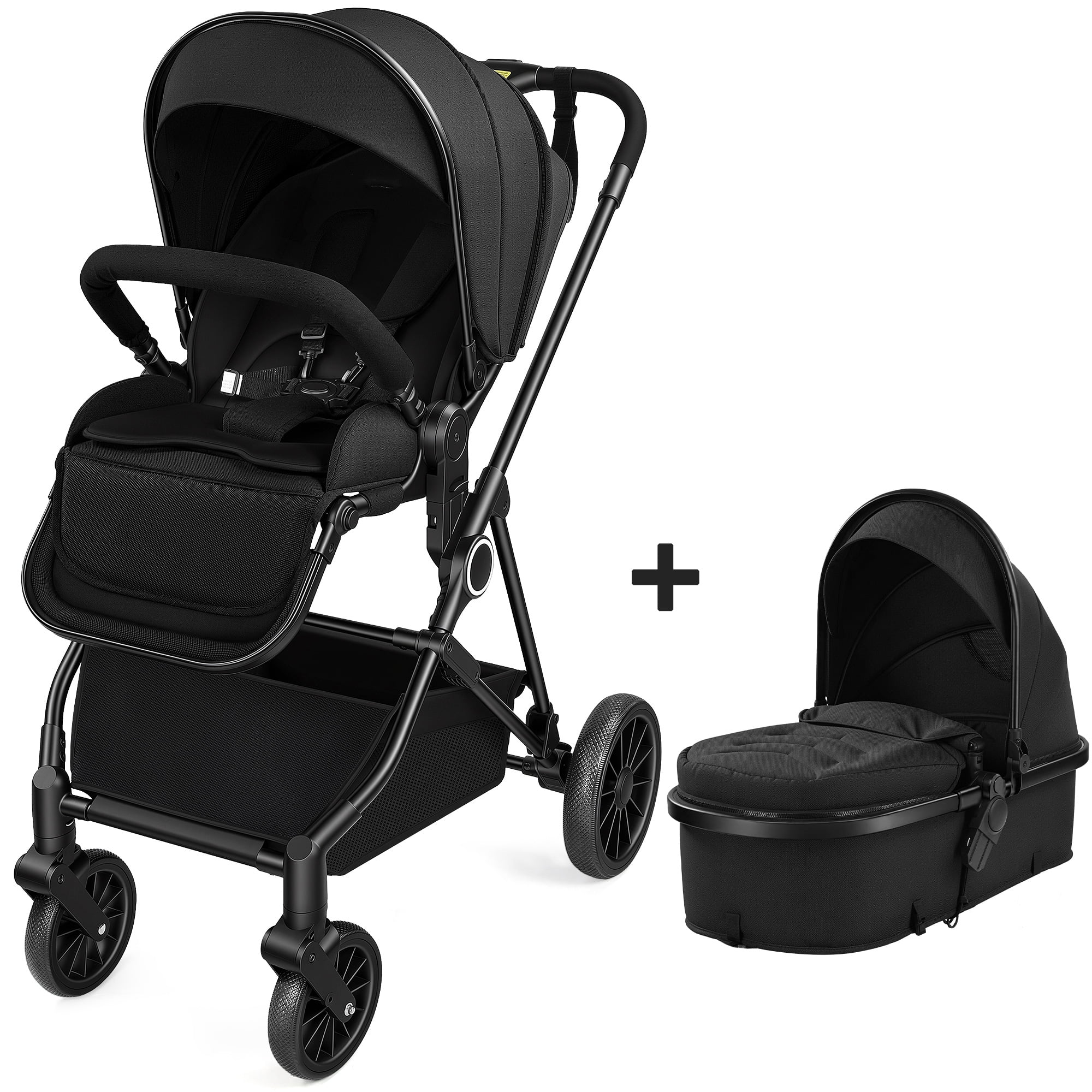 Vomeast 2 in 1 Baby Strollers, Foldable Travel Stroller with 2 Reversible Seats, All-Wheel Suspension, 5-Point Harness, Black