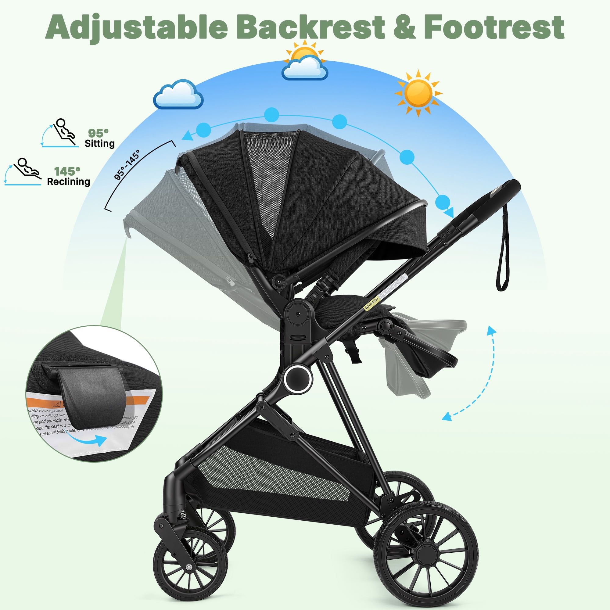 Vomeast 2 in 1 Baby Strollers, Foldable Travel Stroller with 2 Reversible Seats, All-Wheel Suspension, 5-Point Harness, Black - Image 5