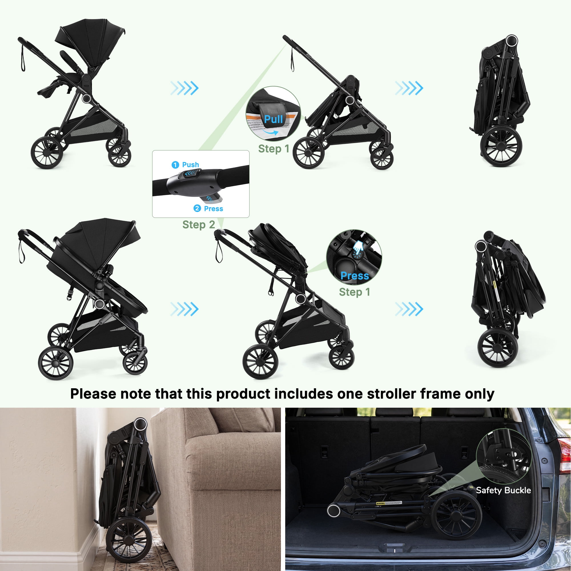 Vomeast 2 in 1 Baby Strollers, Foldable Travel Stroller with 2 Reversible Seats, All-Wheel Suspension, 5-Point Harness, Black - Image 3