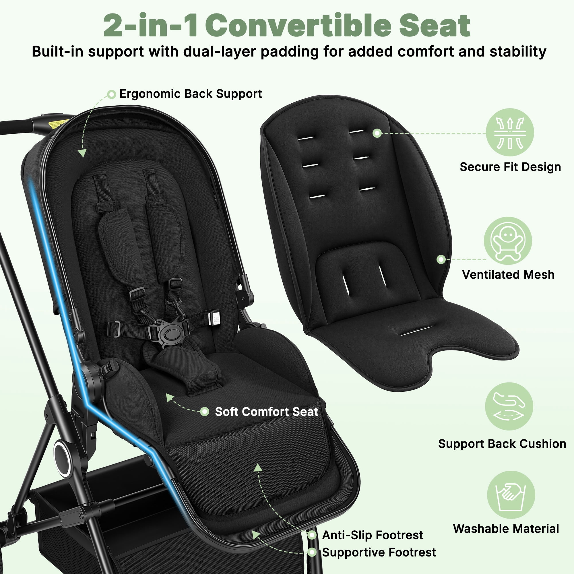 Vomeast 2 in 1 Baby Strollers, Foldable Travel Stroller with 2 Reversible Seats, All-Wheel Suspension, 5-Point Harness, Black - Image 4