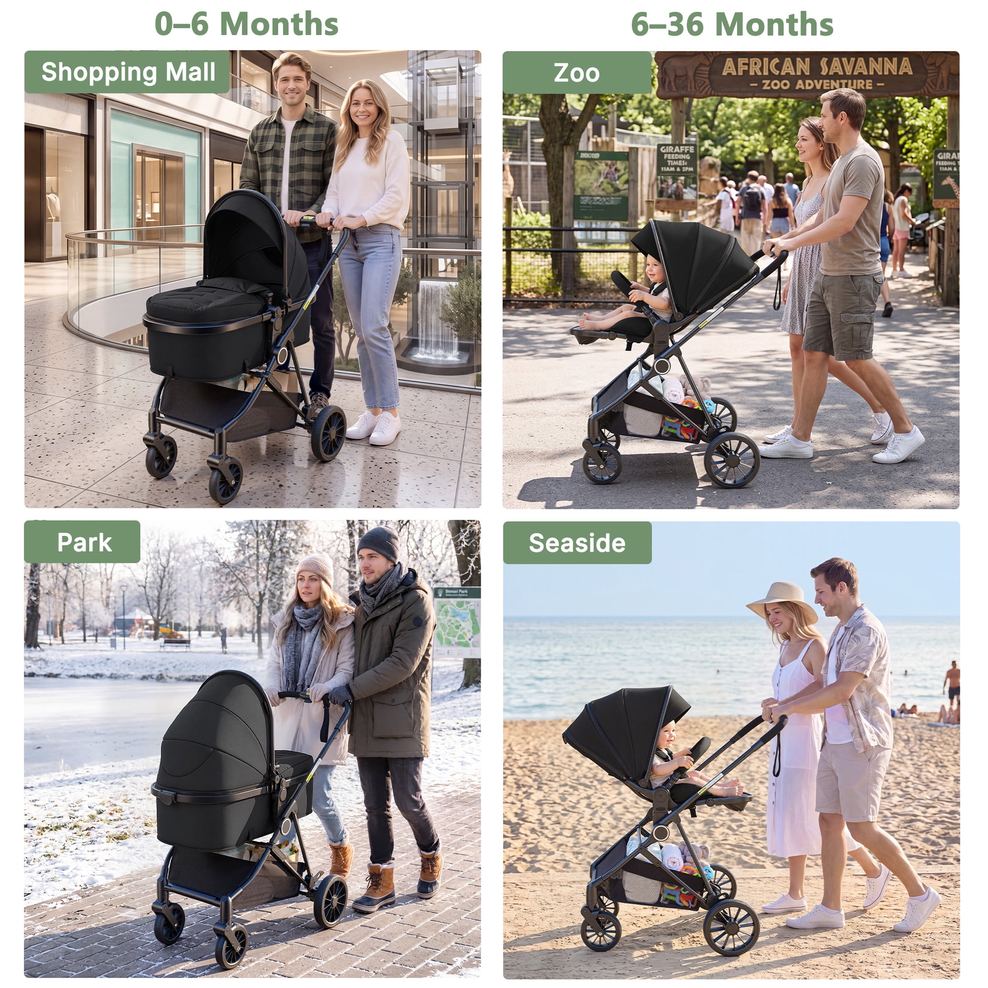 Vomeast 2 in 1 Baby Strollers, Foldable Travel Stroller with 2 Reversible Seats, All-Wheel Suspension, 5-Point Harness, Black - Image 2