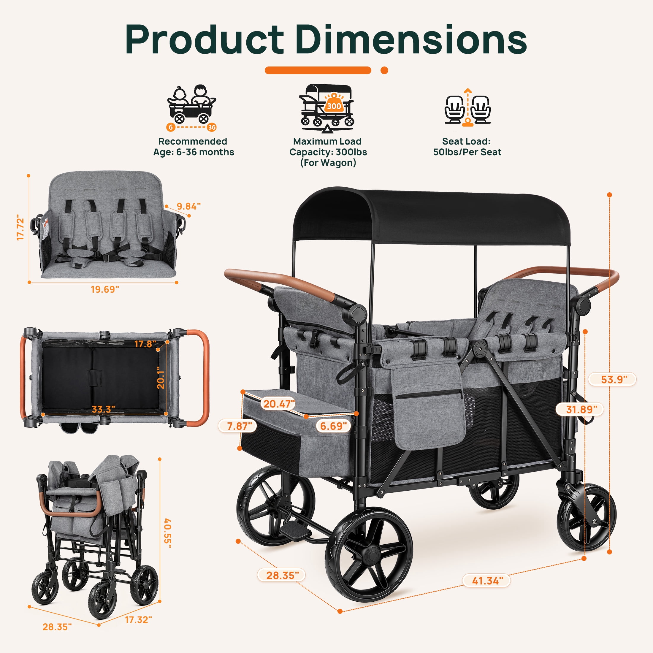 Vomeast 4-Seater Wagon Stroller, Outdoor Baby Stroller for 4 Kids, Stroller Wagon,Gray - Image 5