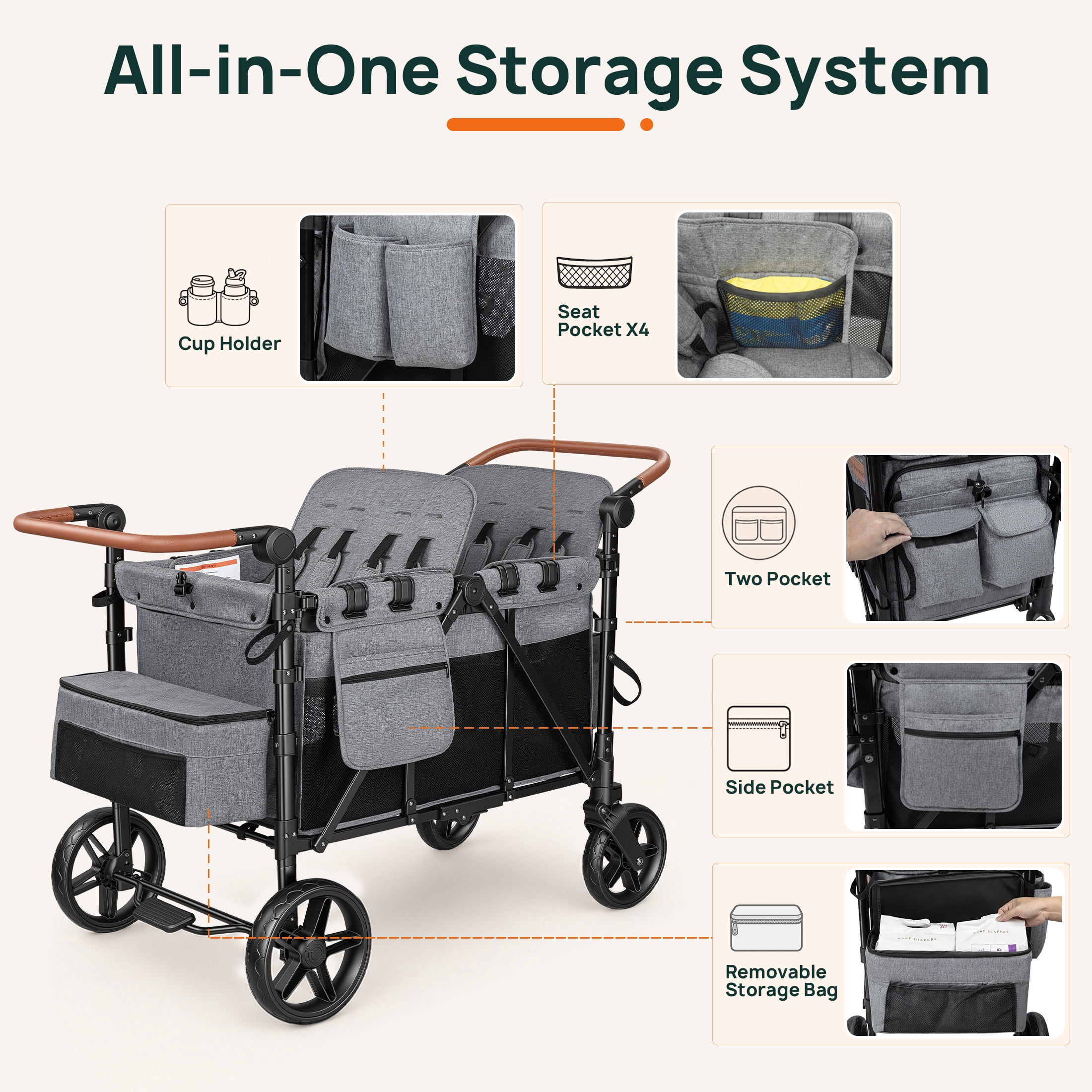 Vomeast 4-Seater Wagon Stroller, Outdoor Baby Stroller for 4 Kids, Stroller Wagon,Gray - Image 4