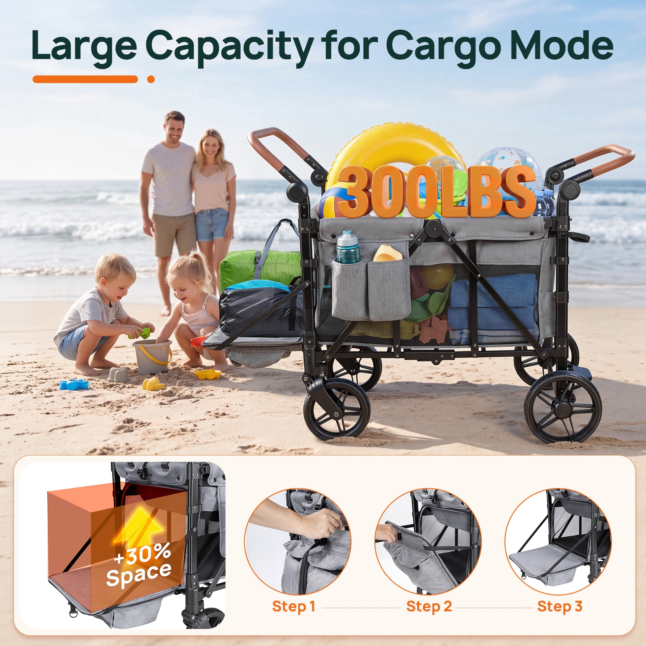 Vomeast 4-Seater Wagon Stroller, Outdoor Baby Stroller for 4 Kids, Stroller Wagon,Gray - Image 3