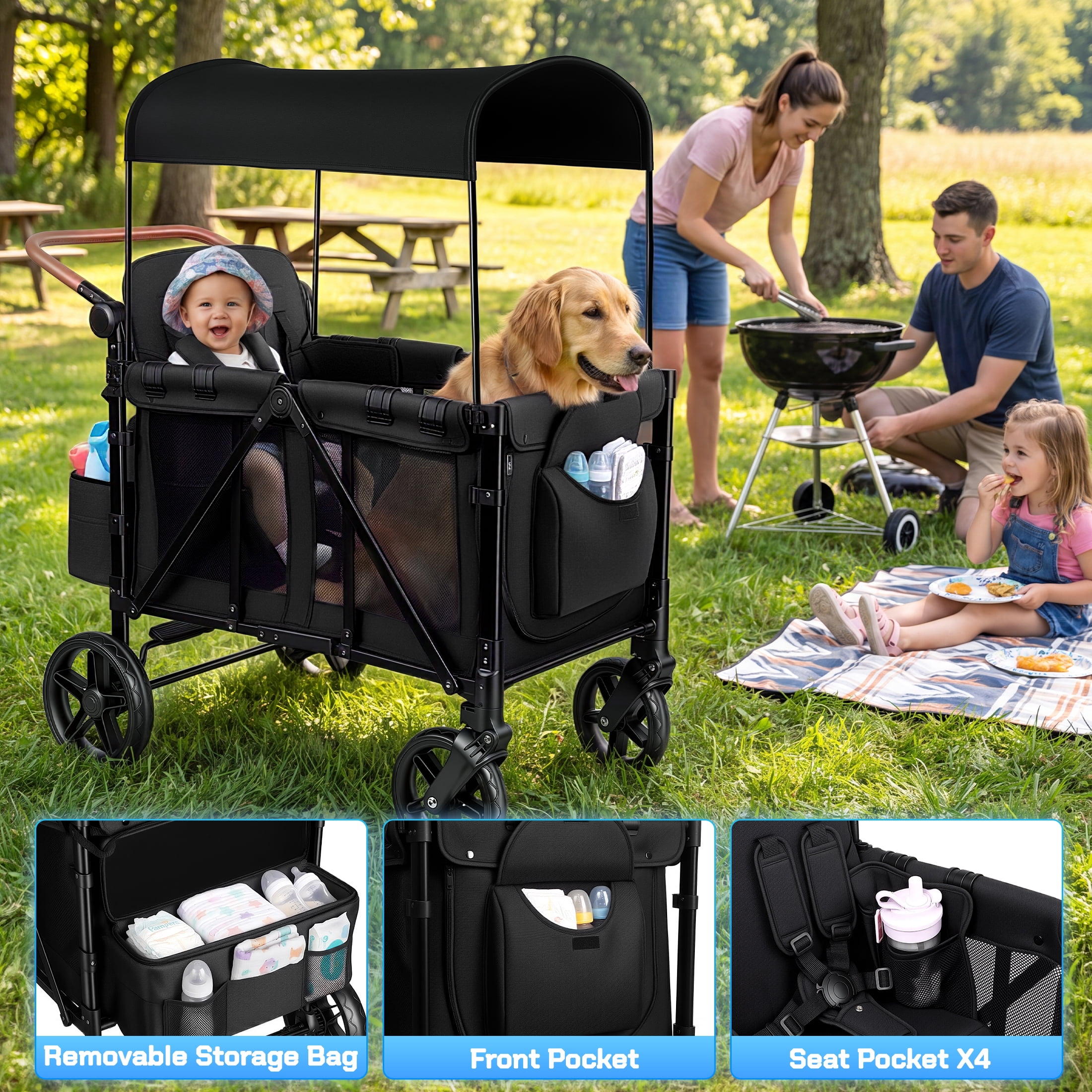 Vomeast 4-Seater Wagon Stroller, Outdoor Baby Stroller Wagon for 4 Kids,Black - Image 3
