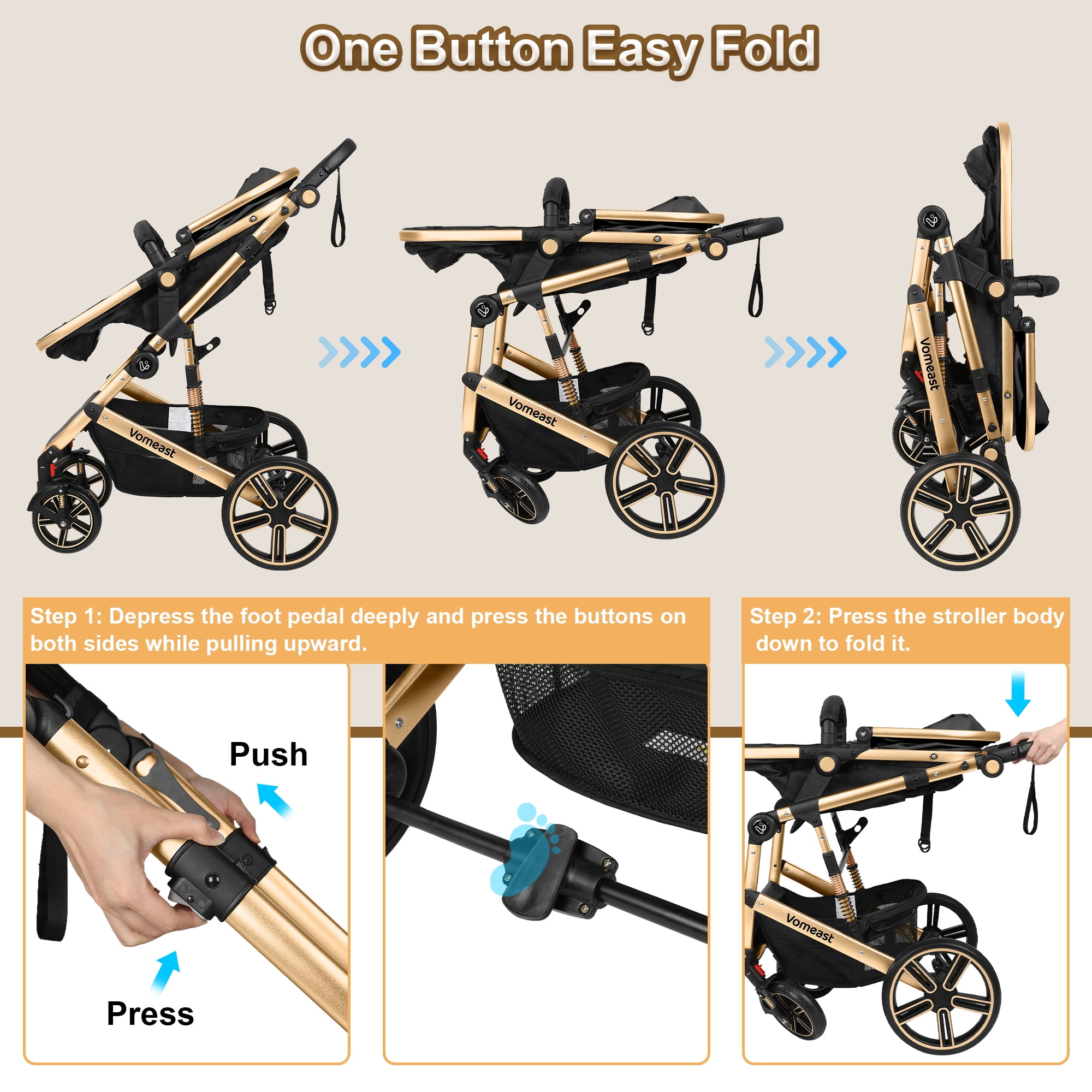 Vomeast Baby Stroller, Foldable Aluminum Alloy Stroller with Reversible, Travel Stroller for Newborn Infant, Black - Image 2